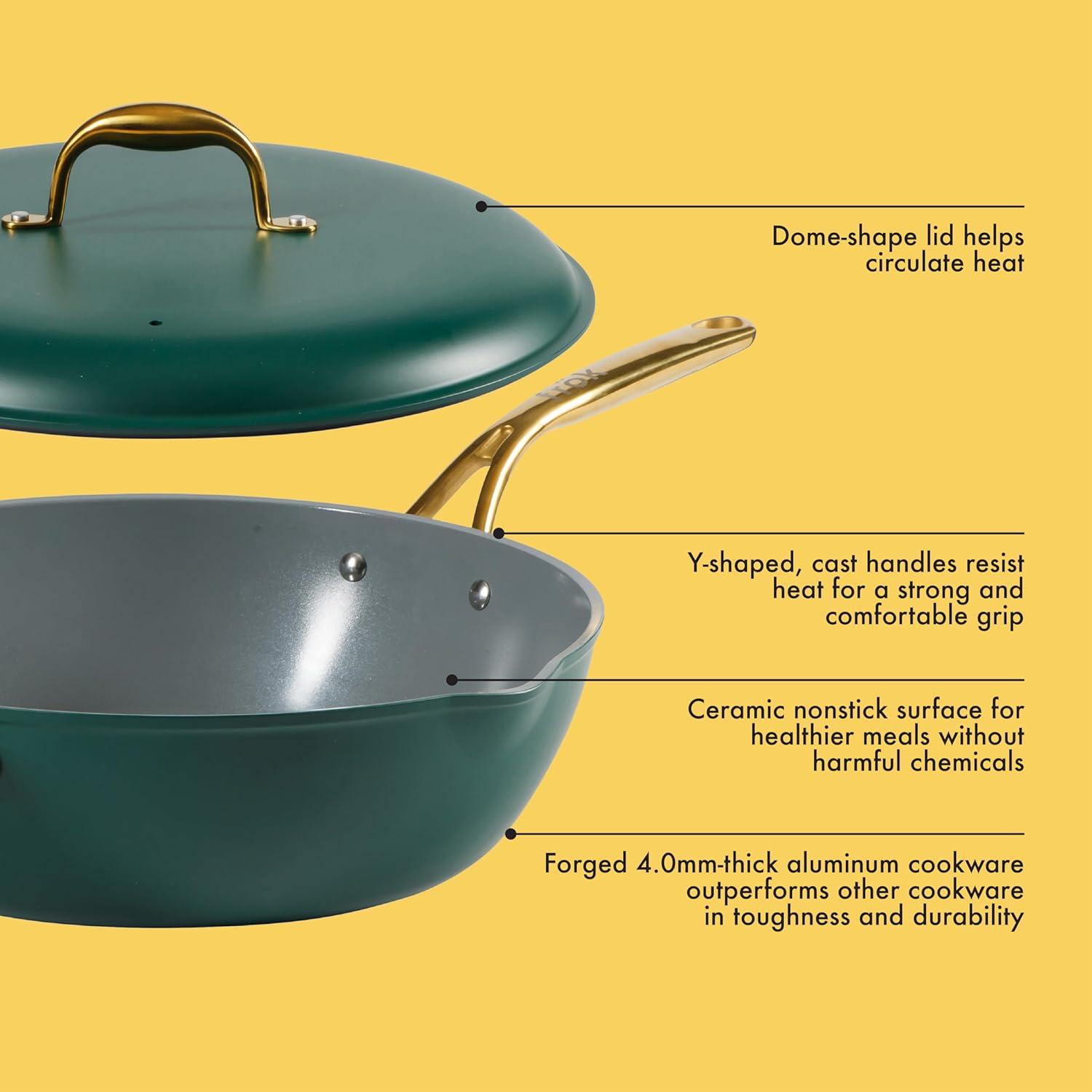 frök Frok 13"  Frying Pan Wok Skillet 4MM Thick Quick Heat Aluminum Cookware W/ Aluminum Lid Set W/ Premium PFA Free Ceramic Nonstick Interior & Heat Resistant Exterior - Induction