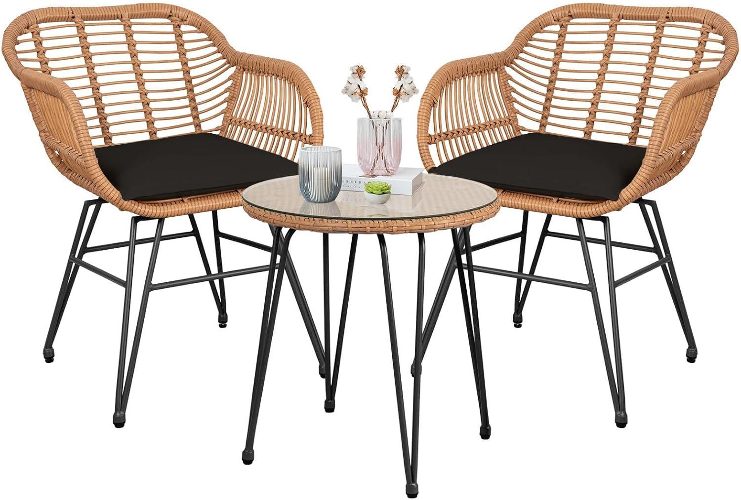 3 Piece Outdoor Wicker Furniture Patio Bistro Set, Balcony Furniture Rattan Conversation Sets, Outdoor Patio Chairs Set for Porch Poolside Garden, Black