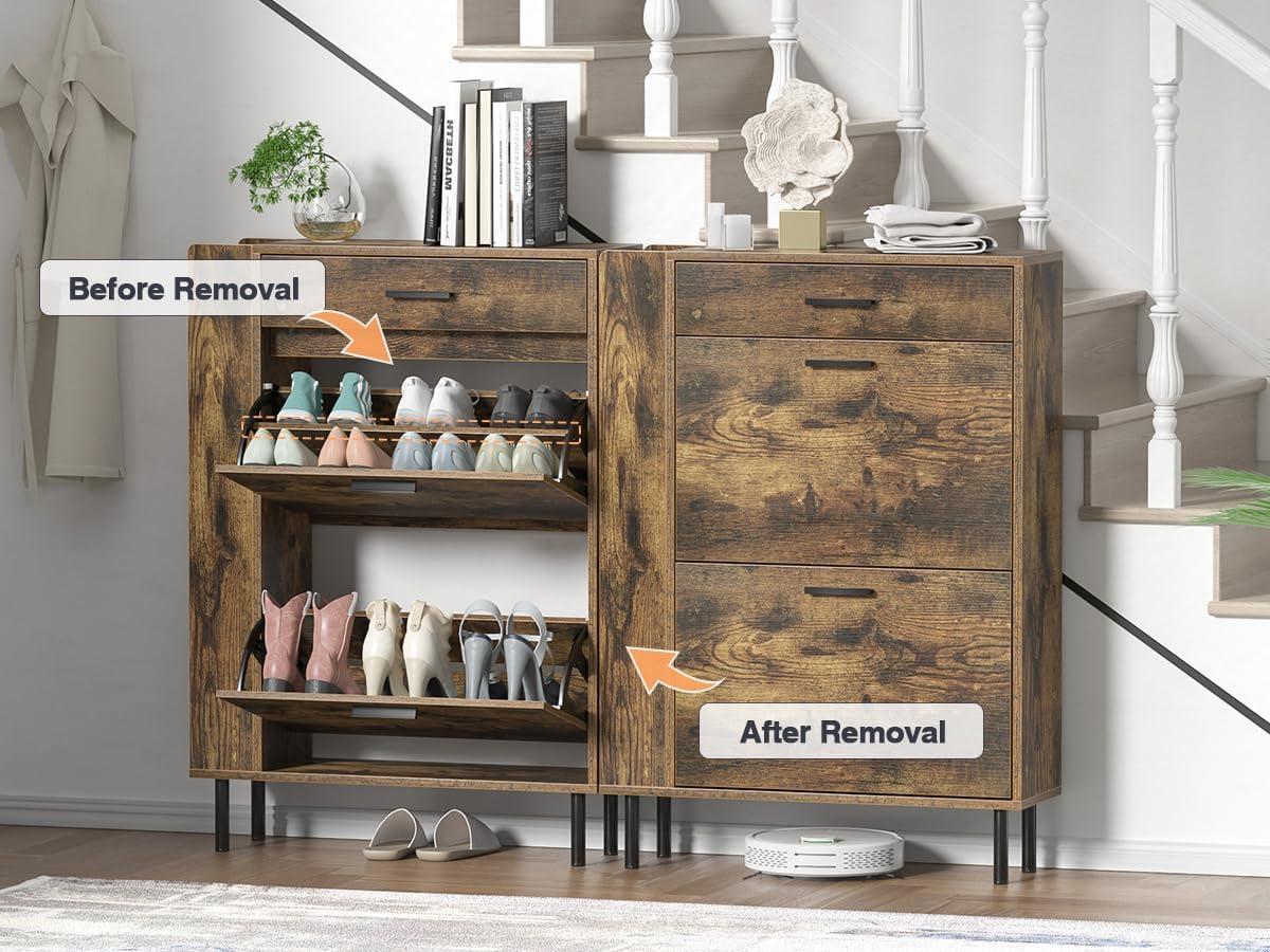 Shoe Cabinet Storage for Entryway  Freestanding Slim Shoe Organizer Cabinet with 2 Flip Drawers  Narrow Shoe Rack with Open Shelves for Hallway  Living Room  White