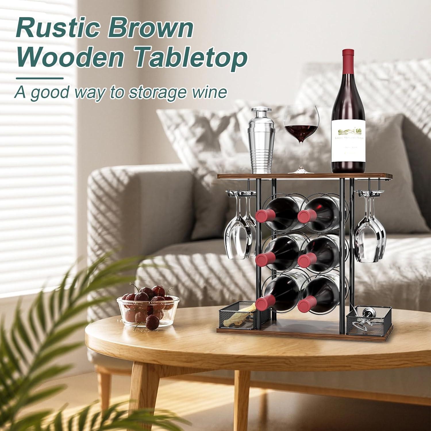 3-Tier Dark Brown Wood and Black Metal Wine Rack