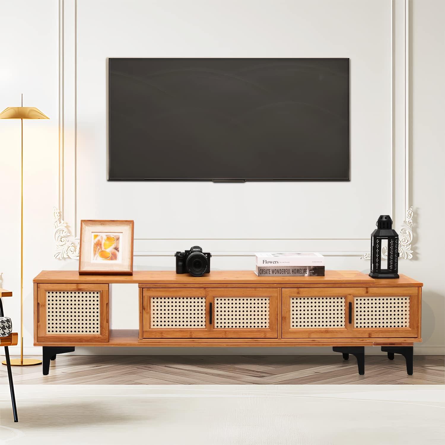 MoNiBloom Bamboo TV Stand with Storage Cabinet, 54" to 82.5" Extendable Length TV Console for Home Living Room