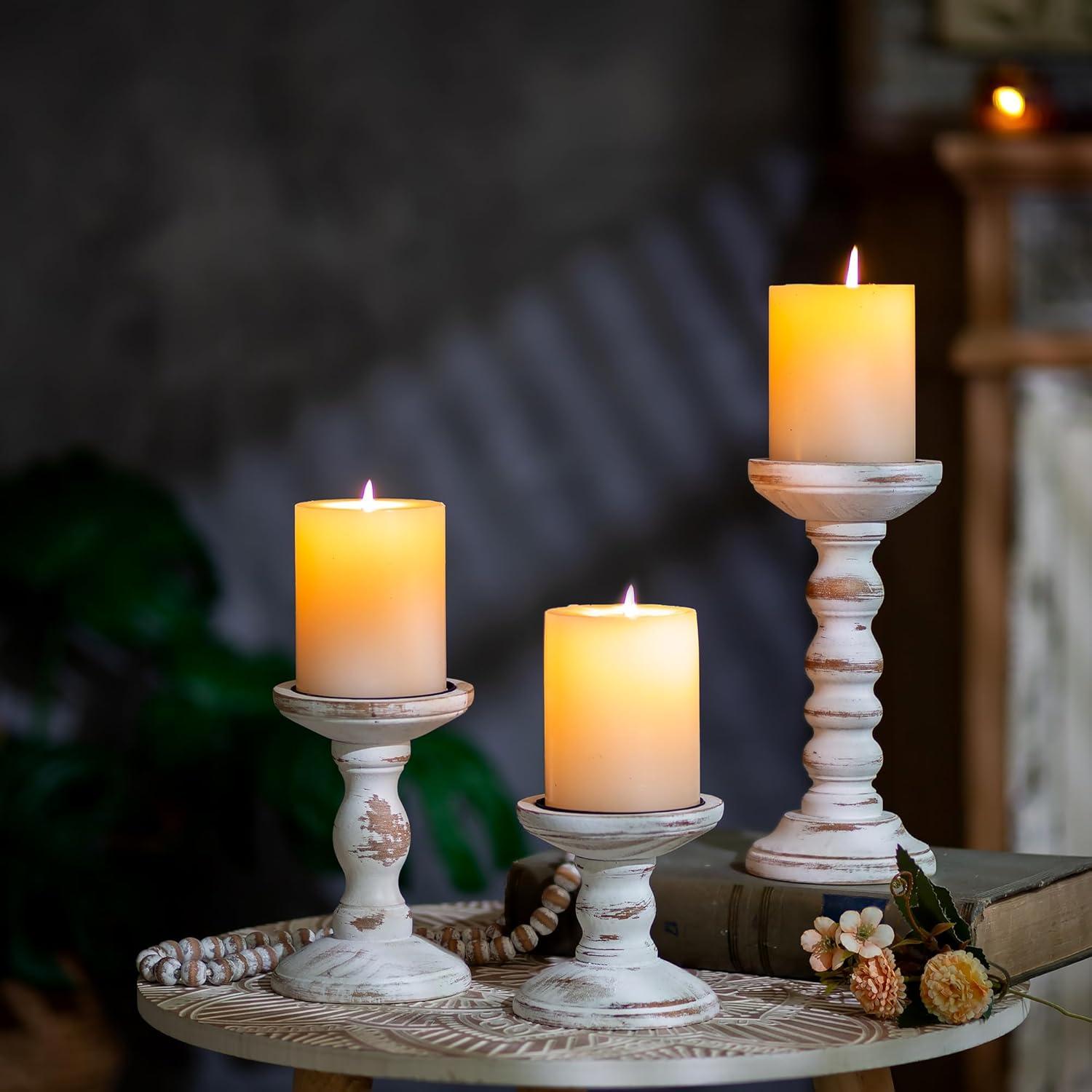 Whitewashed Pine Rustic Farmhouse Candle Holders Set of 3