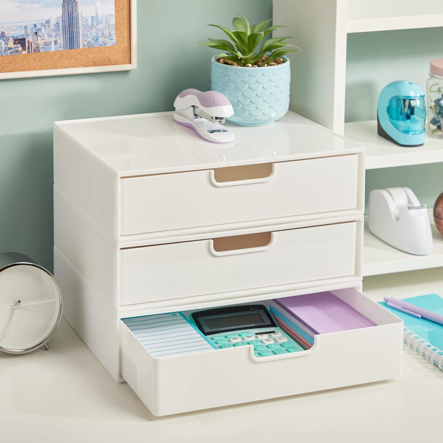 White Plastic Stackable Organizer Drawer for Desk