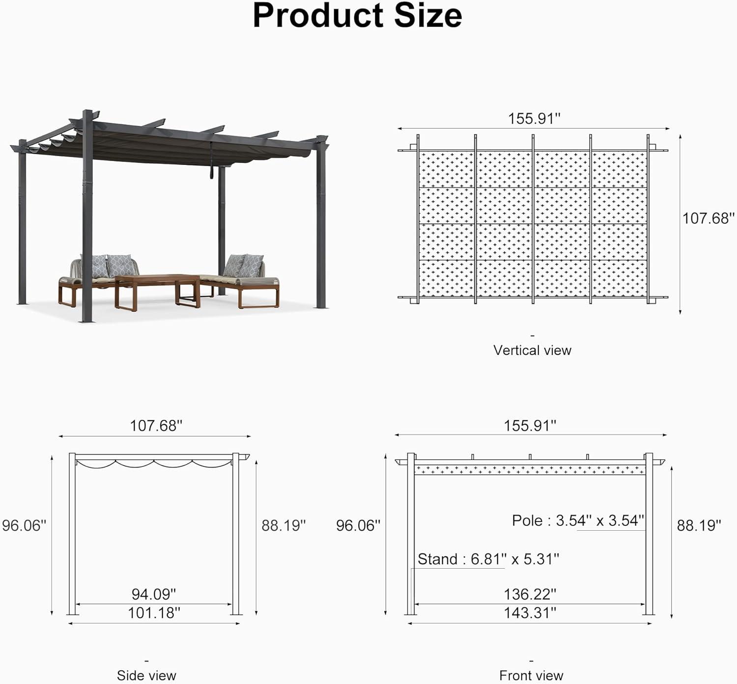 Gray Aluminum 9.5' x 13' Retractable Pergola with Canopy