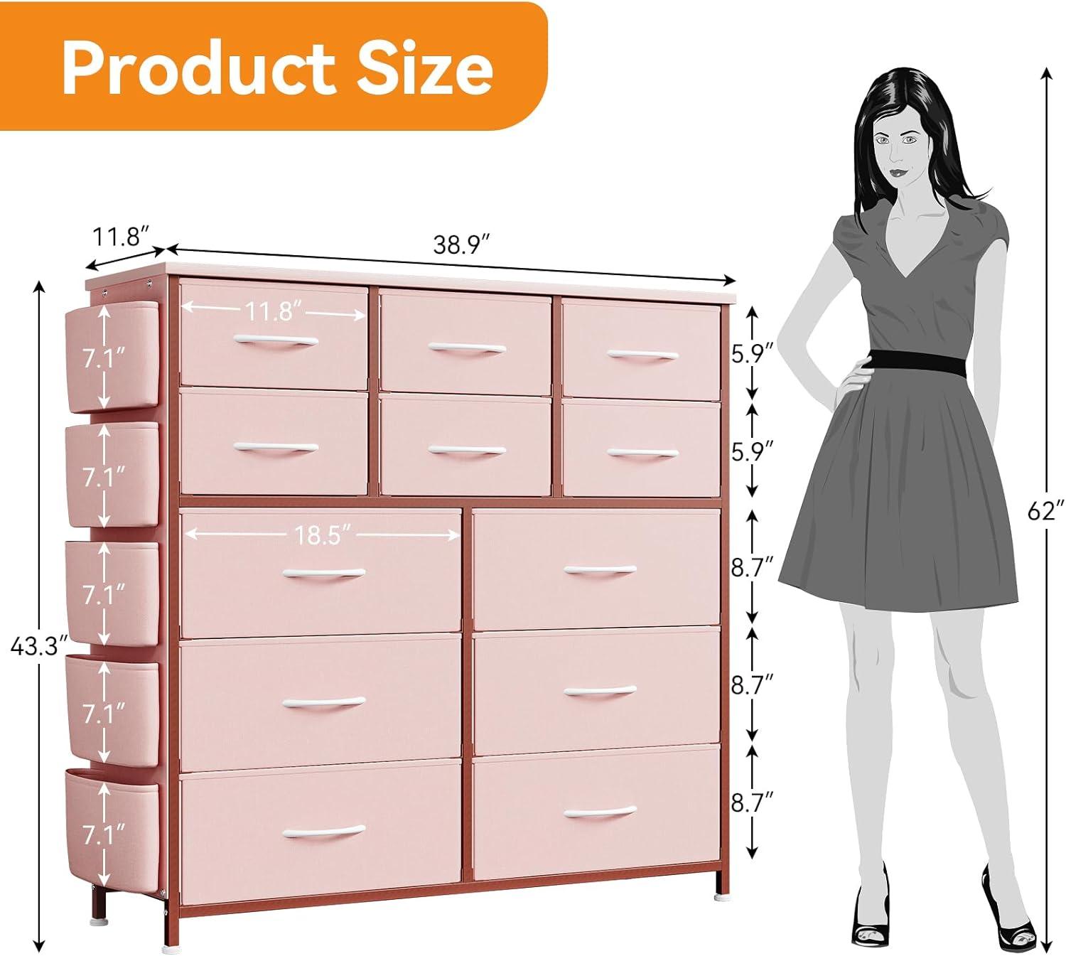 Jojoka 12-Drawer Dresser for Bedroom, Fabric Storage Organizer With Wood Top, Side Pockets & Hooks Cabinet for Closet, Nursery,  Pink