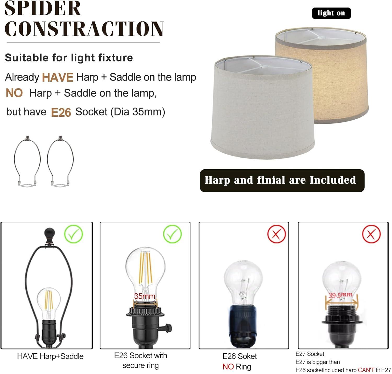 Lamp Shades Set of 2, Drum Lamp Shades for Table Lamps 11.6" Top x 12.6" Bottom x 9.8" High (Spider Fitter), Natural Linen Medium Lampshades for Floor Lamps Bedside Lamps, Beige