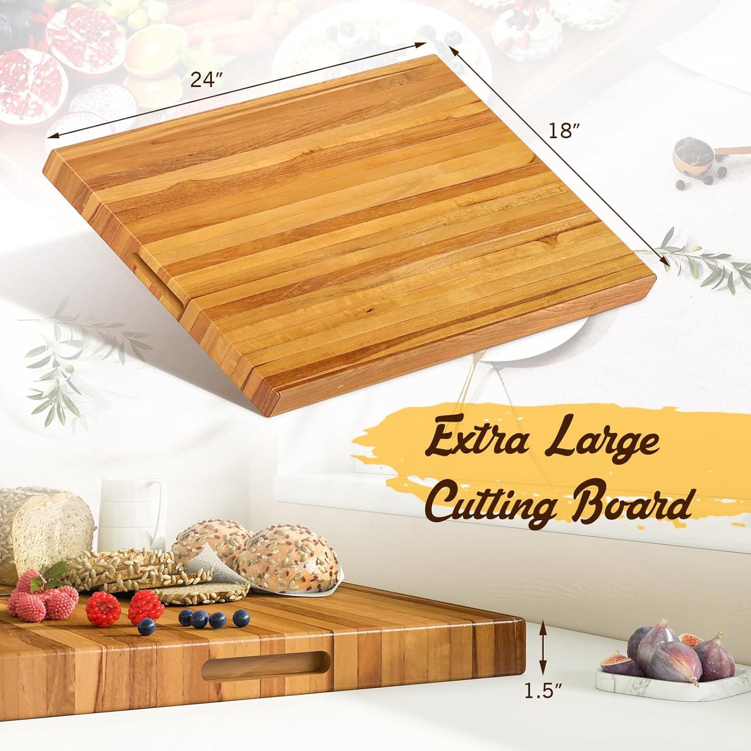 Costway Teak Wood Cutting Board Extra Large 24" Reversible Cutting Board with Handle