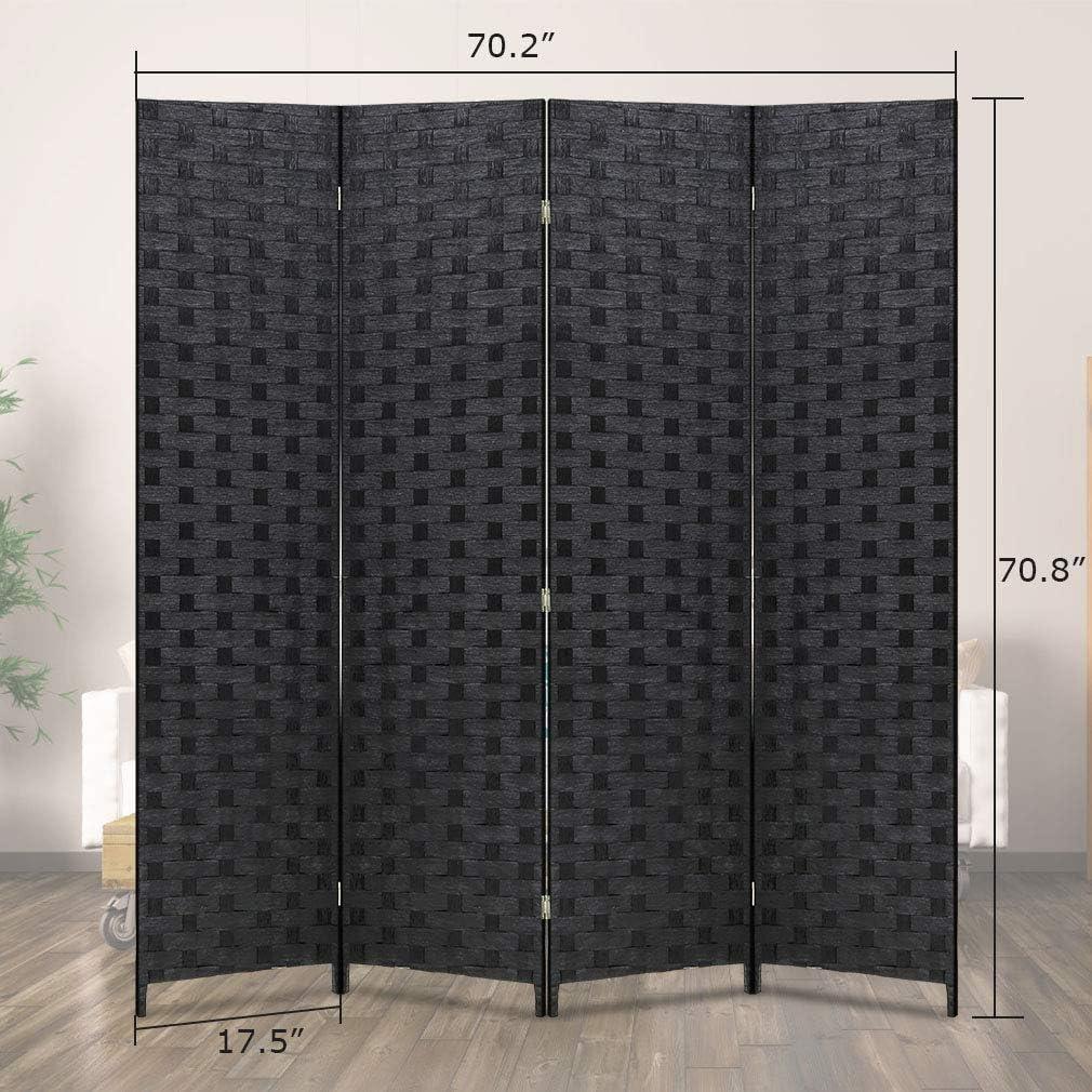 Black 4-Panel Foldable Woven Wood Privacy Screen