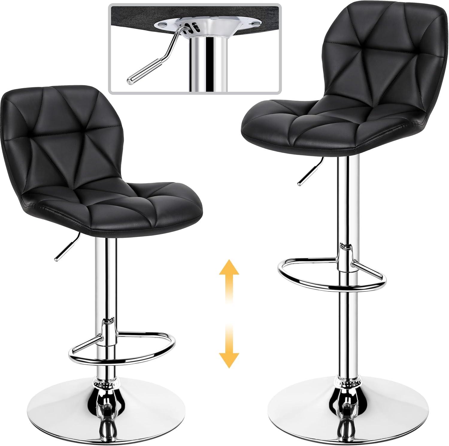 Modern Black Faux Leather Adjustable Swivel Bar Stools, Set of 2