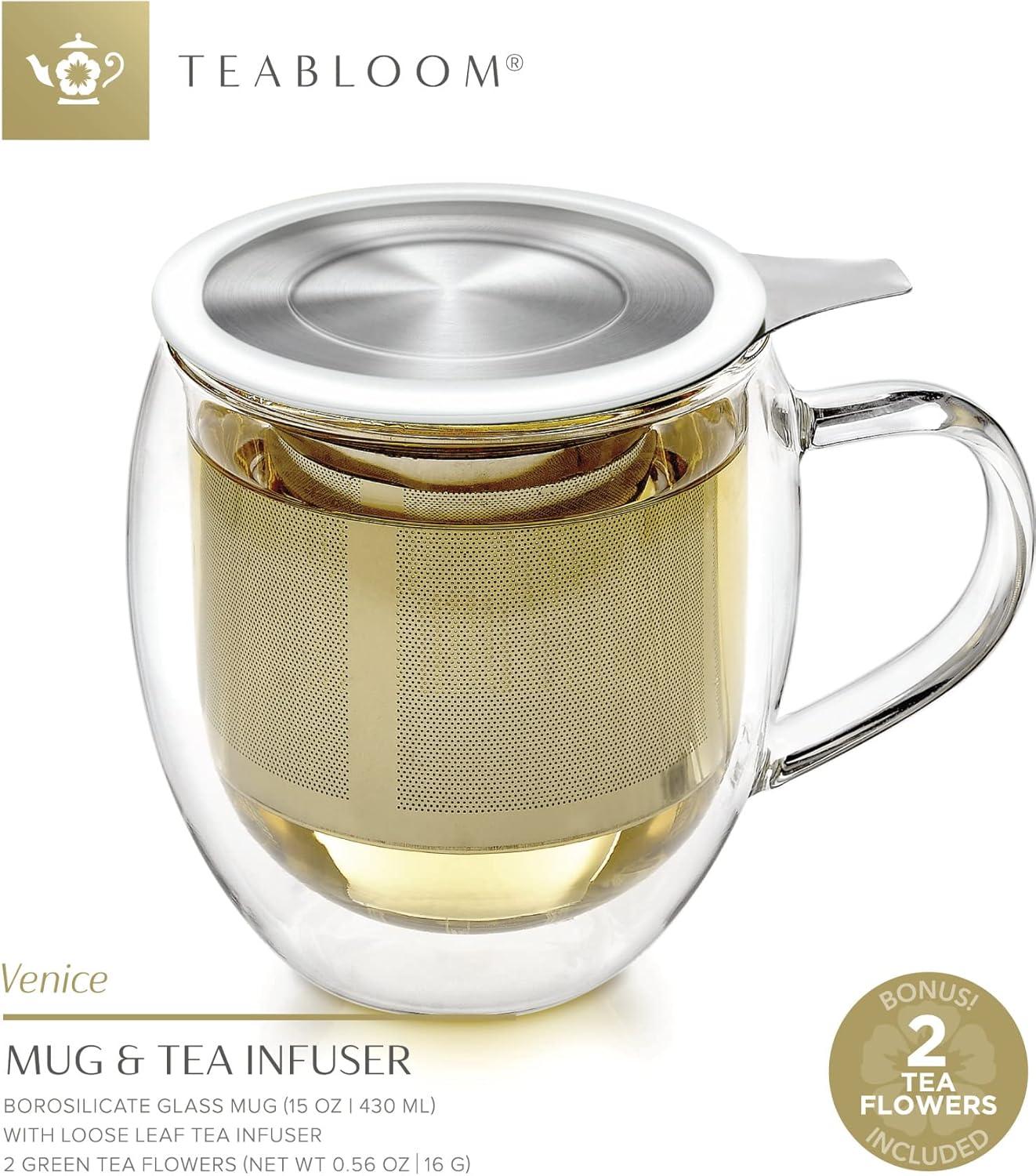 Teabloom Stay-Hot Heatproof Glass Mug with Loose Tea Infuser and Lid – 15 oz /430 mL – 2 Blooming Teas Included