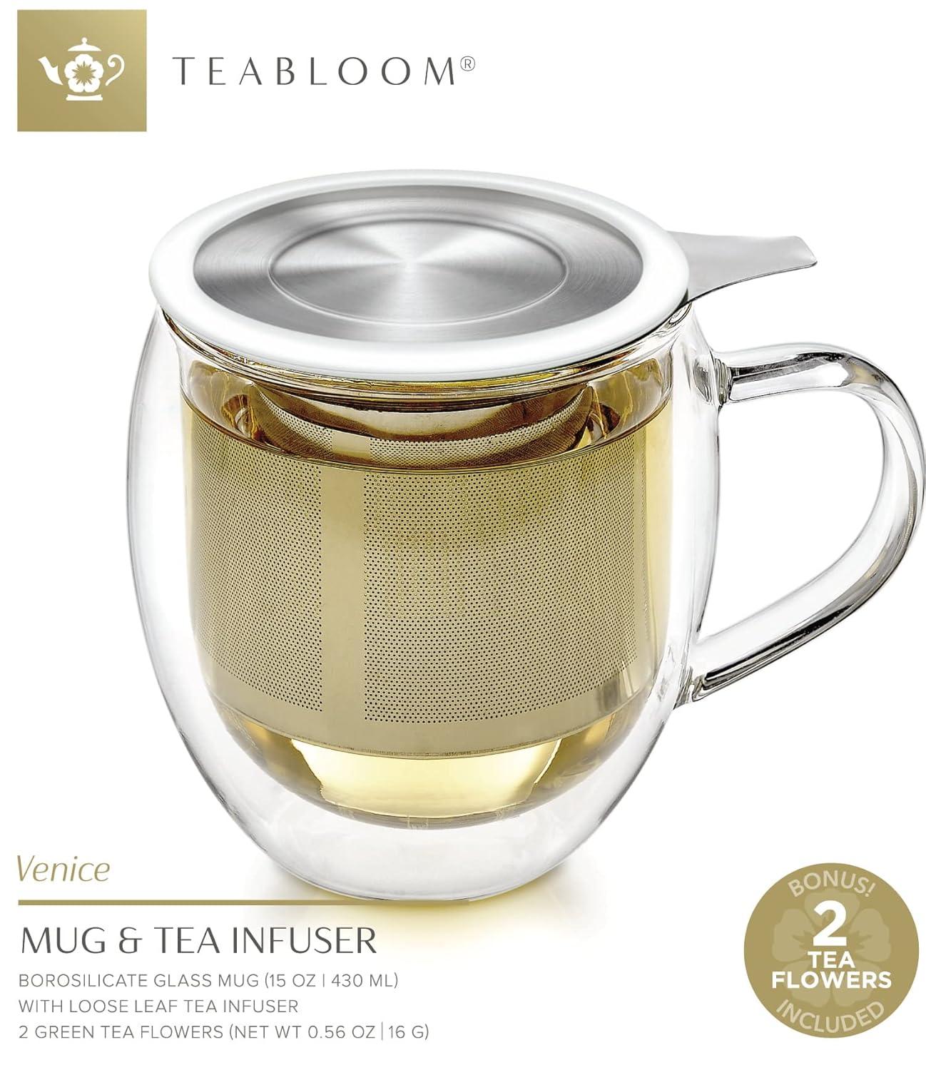 Teabloom Stay-Hot Heatproof Glass Mug with Loose Tea Infuser and Lid – 15 oz /430 mL – 2 Blooming Teas Included