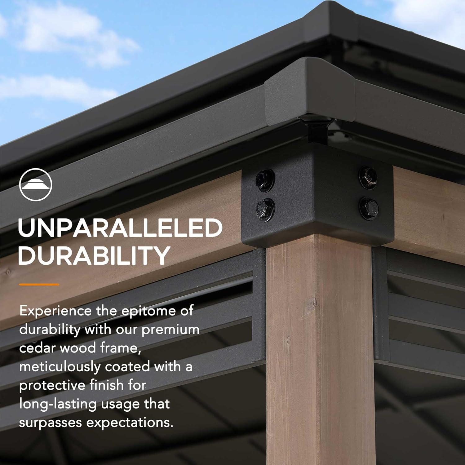 Sunjoy Sunjoy Wooden Grill Gazebo with AC Power Port, 8 x 12 ft. Steel Hardtop Outdoor Gazebo for Year-Round Grilling, Cedar Framed Gazebo with Built-in Electrical Outlets and Decorative Fence
