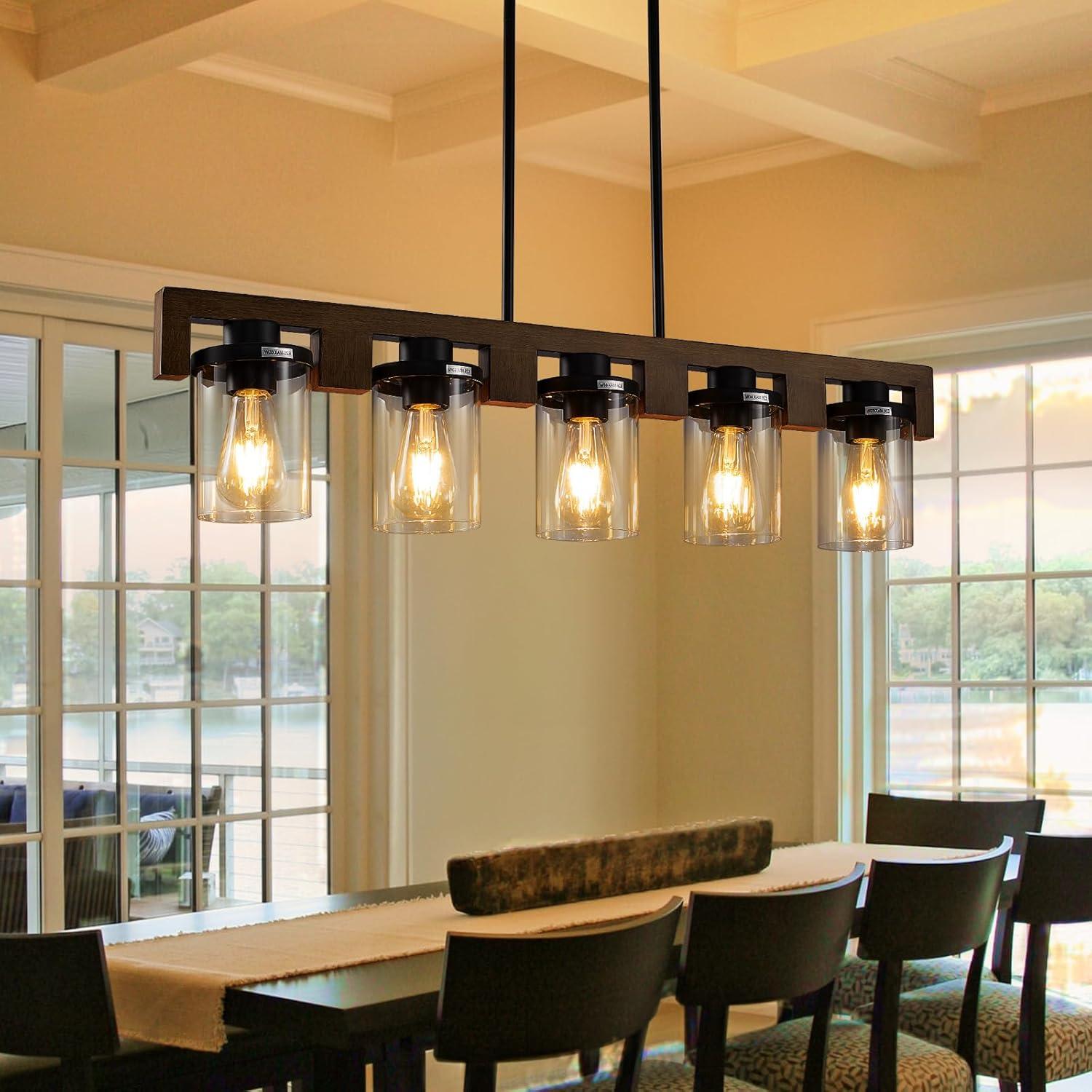 Black and Wood 5-Light Linear Island Chandelier