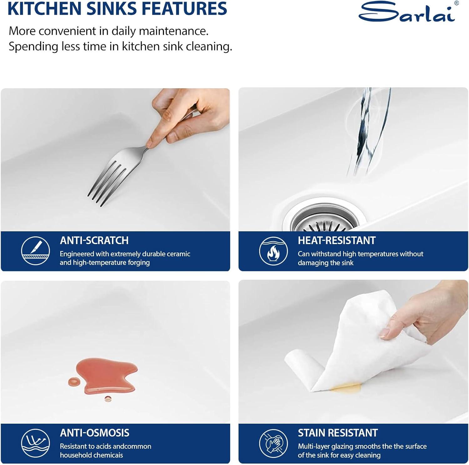 Sarlai White Workstation Kitchen Sink 32 Inch White Undermount Kitchen Sink Ceramic Sinks Drop In Single Bowl Ledge Workstaion Topmount Fireclay Basin 32 x19 x10 Inch