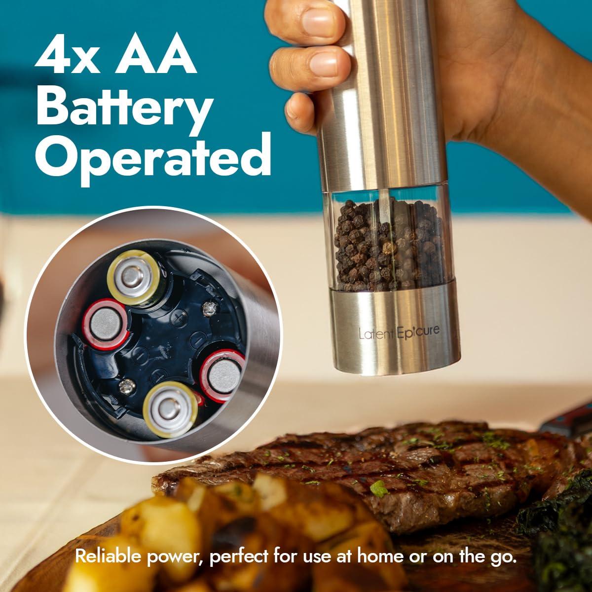 Electric Salt and Pepper Grinder Set - Battery Operated, Stainless Steel Shakers with Adjustable Fine & Coarseness, One Handed Operation, LED Light & Complimentary Mill Rest Tray