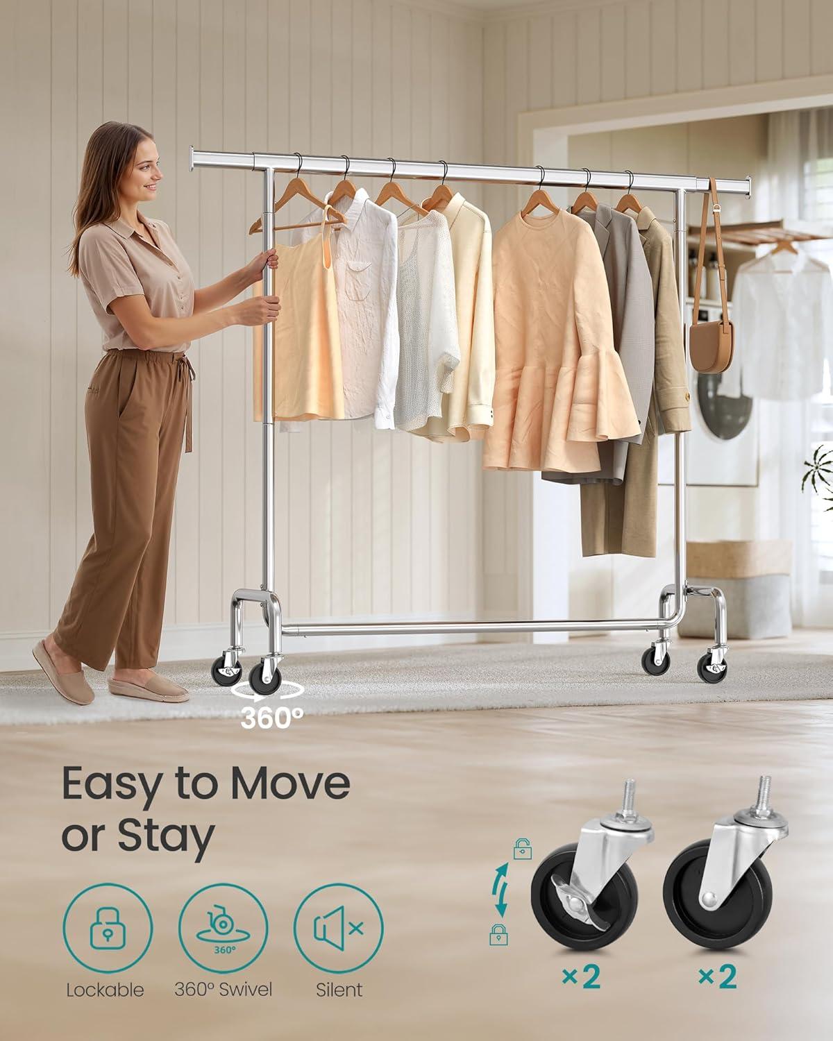 300lb Clothing Rack Heavy Duty Clothes Rack on Wheels Garment Rack Rolling Coat Rack for Bedroom Living Room Silver