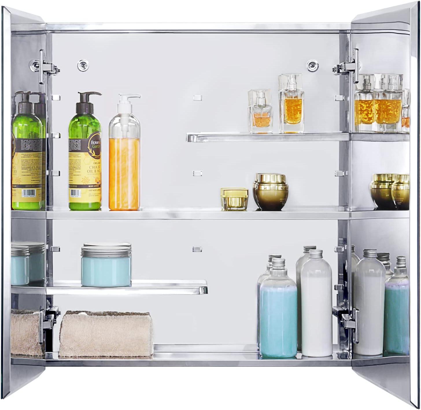 Stainless Steel Medicine Cabinet with Adjustable Shelves and Mirror Doors