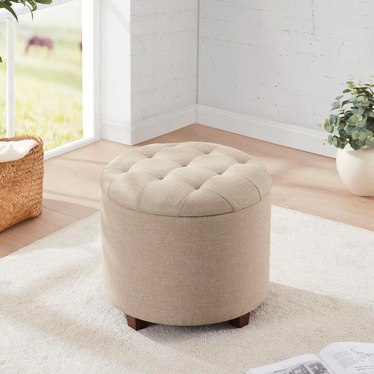Ornavo Home Linen Upholstered Round Tufted Storage Ottoman with Wooden Legs - Beige