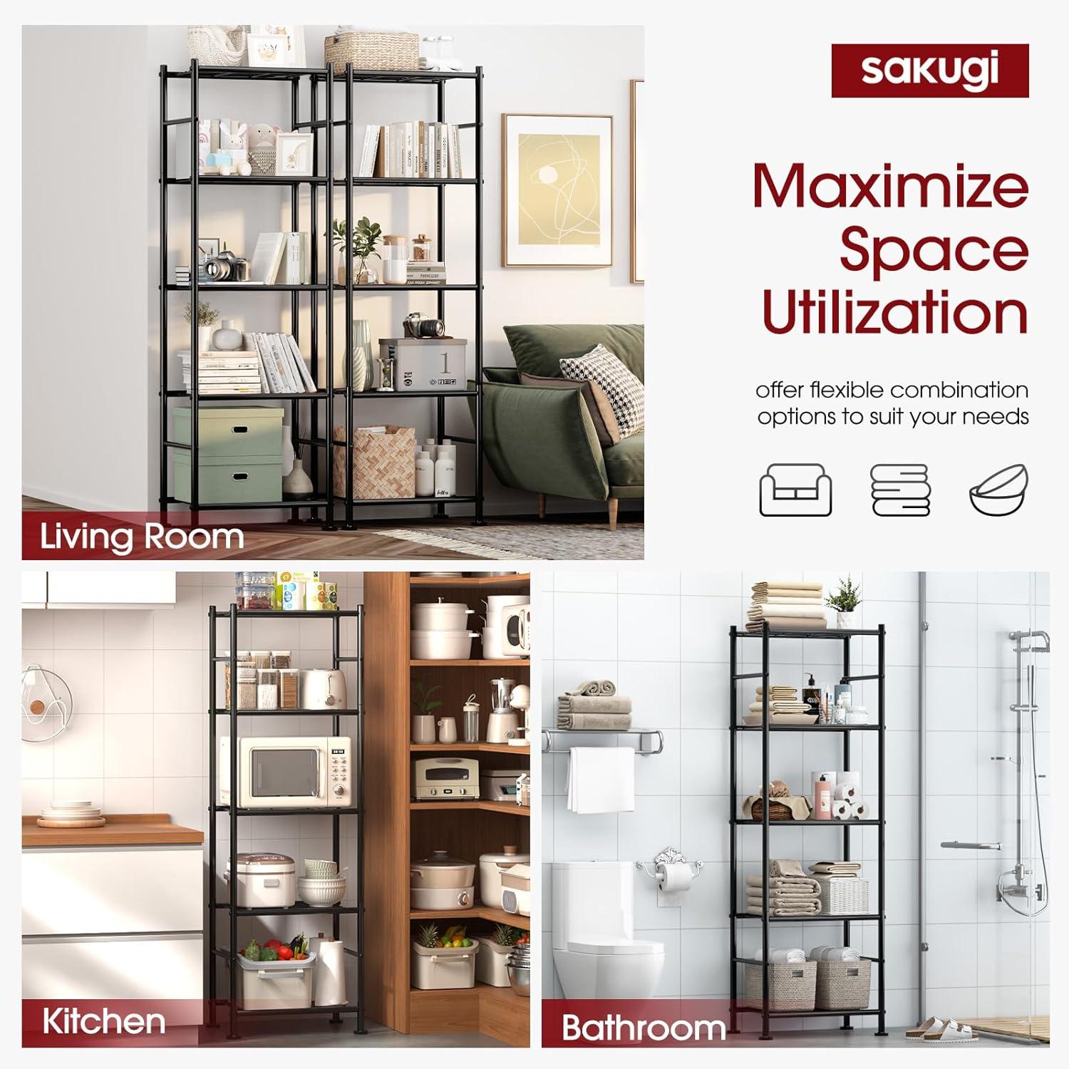 Storage Shelves - 5 Tier Shelf Organizer, Heavy Duty Garage Shelving Unit with Leveling Feet, Stable Metal Shelves Organizer for Pantry, Kitchen and Closet, 33.1" W X 12.6" D X 72.0" H, Black
