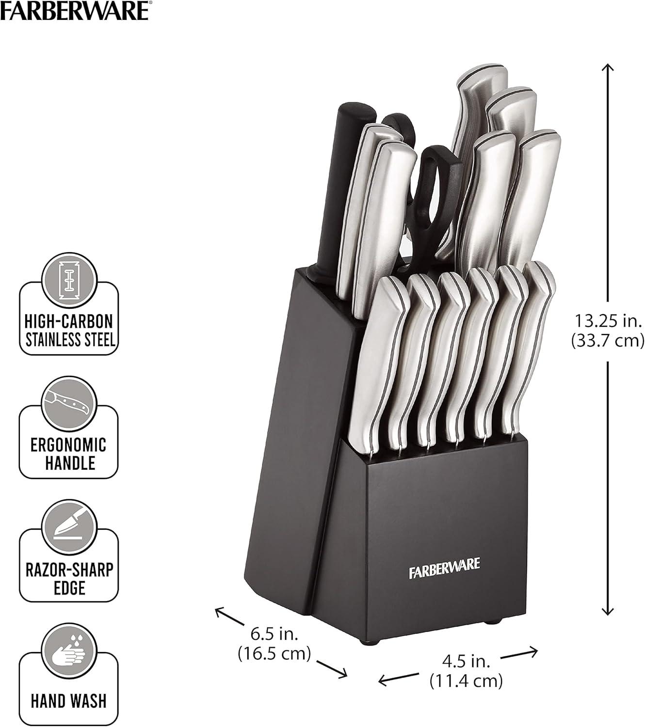 Farberware 15-Piece Stainless Steel Knife Block Set with Black Wood Block