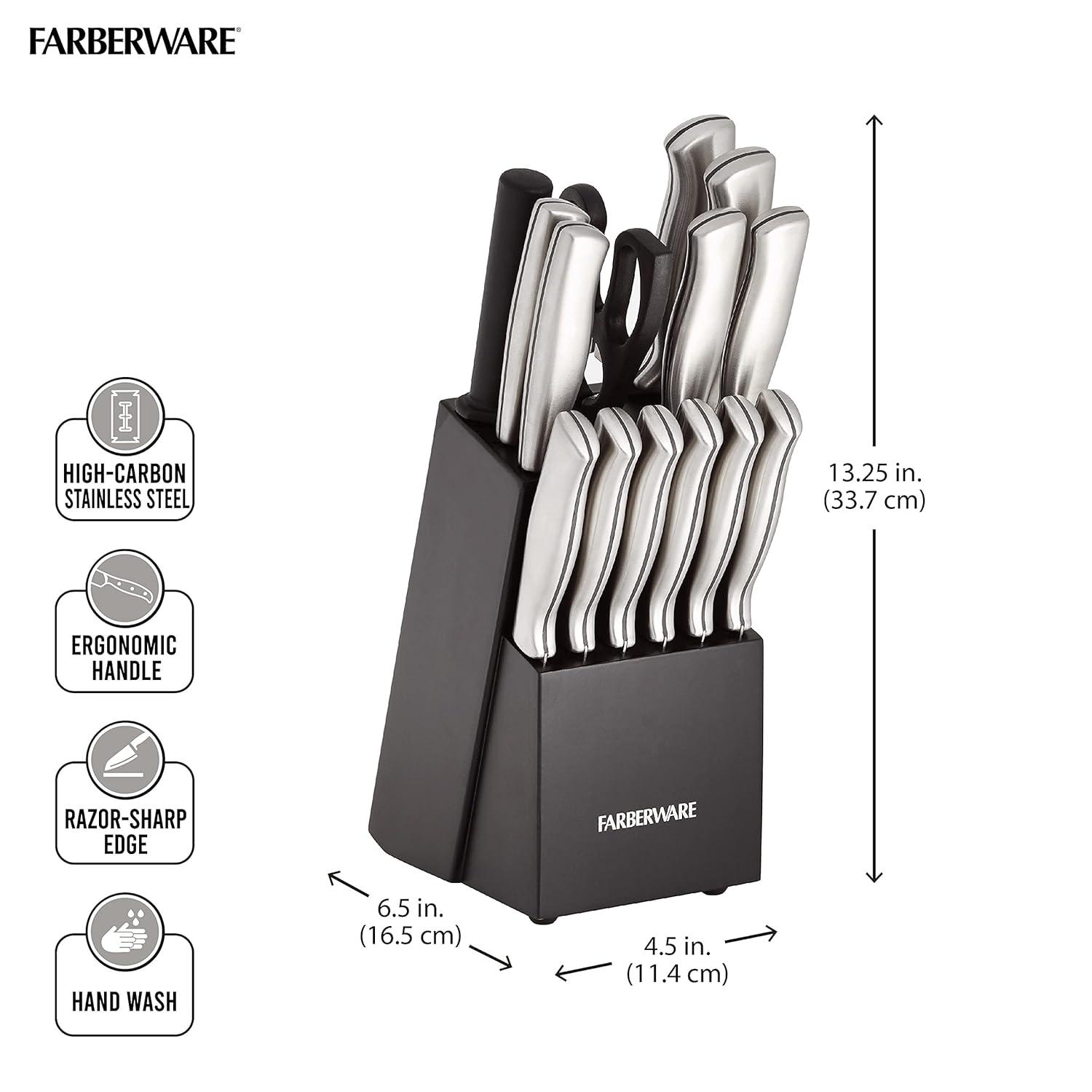 Farberware 15pc Stainless Steel Knife Block Set: Kitchen Knife Set with Block, Serrated Blades, Hand Wash, Silver