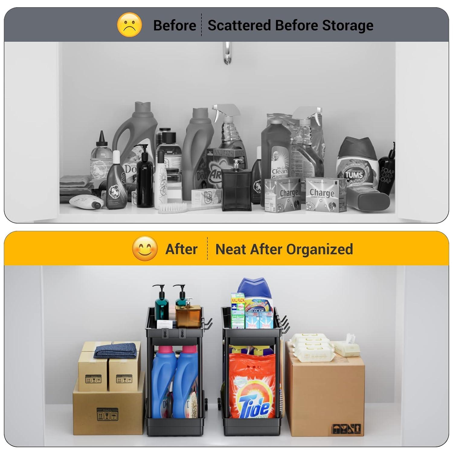 Black 2-Tier Sliding Under Sink Organizer with Hooks