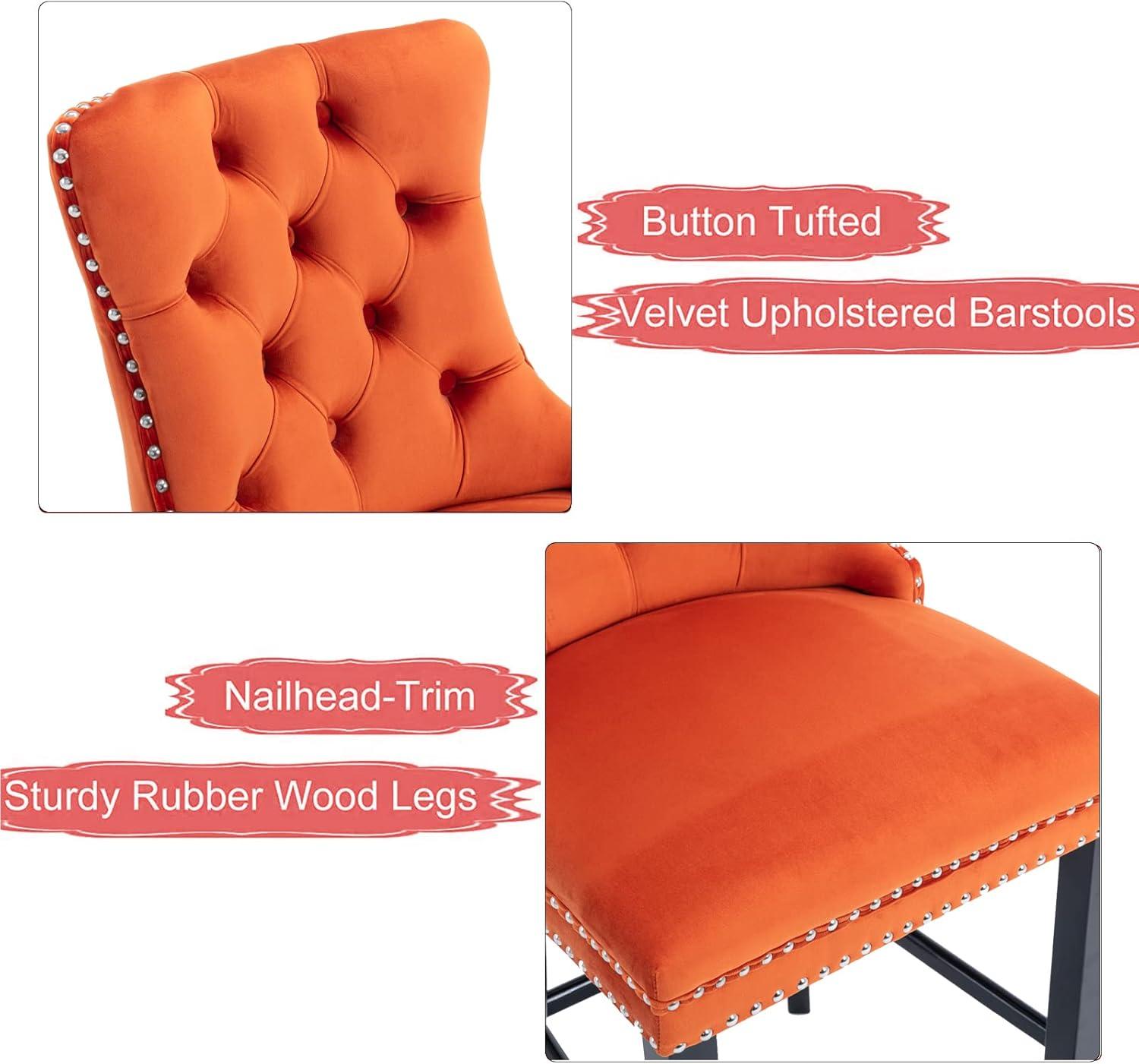 Aoowow Velvet Upholstered Counter Height Bar Stools Set of 2, Counterstool Seat Height 27.2", Wingback Armless Bar Chairs Button Tufted with Solid Wood Legs for Kitchen Island Bar Area (Orange)