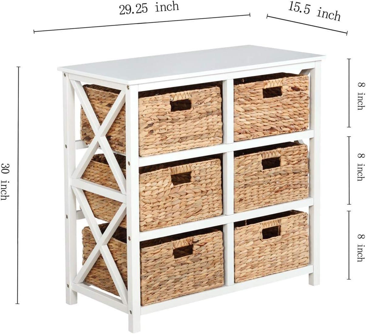 eHemco 3 Tier X-Side Storage Drawers with 6 Wicker Baskets, White