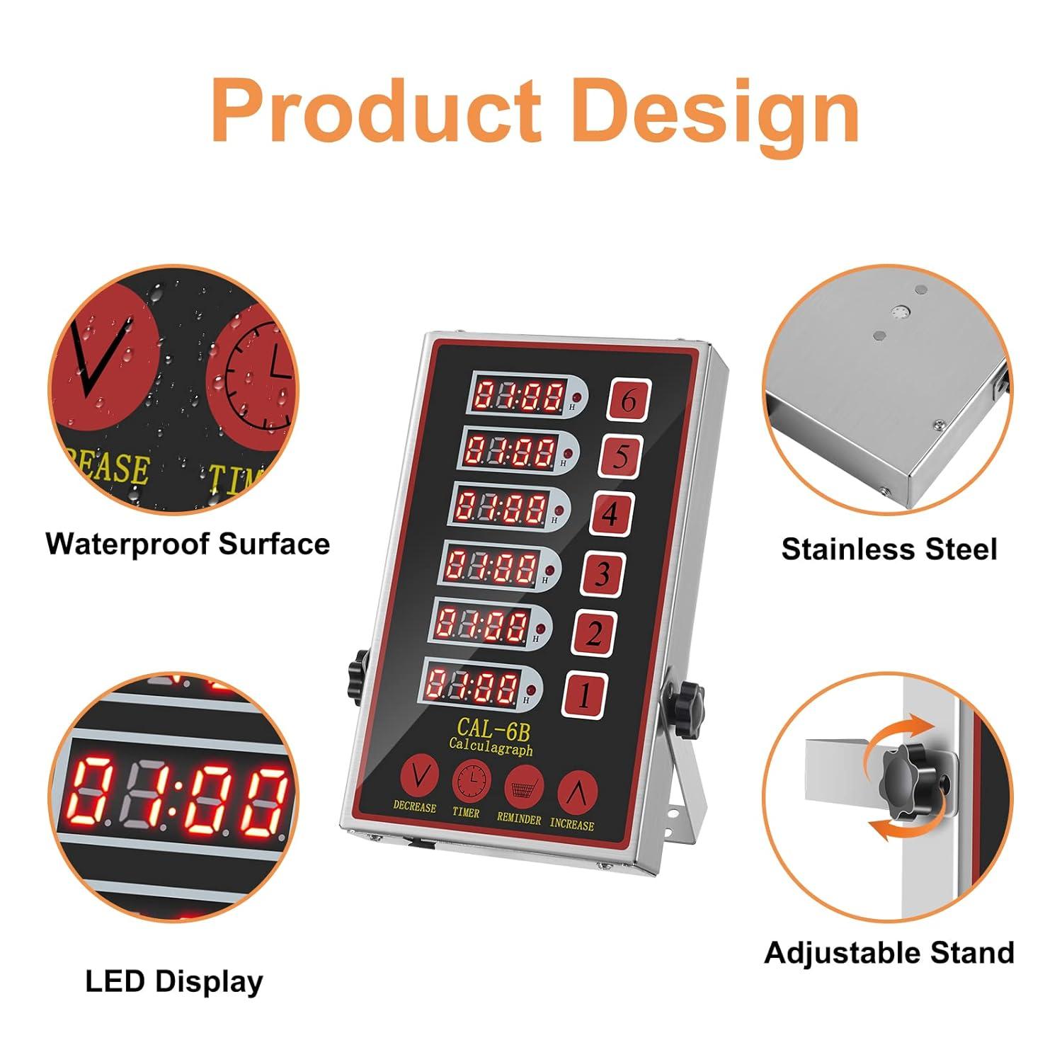 Kitchen Timers for Cooking – 6 Channel Commercial Kitchen Timer Restaurant Kitchen Supplies – Stainless Steel LED Technology Kitchen Timer Digital – Reminder Function, Loud Alarm