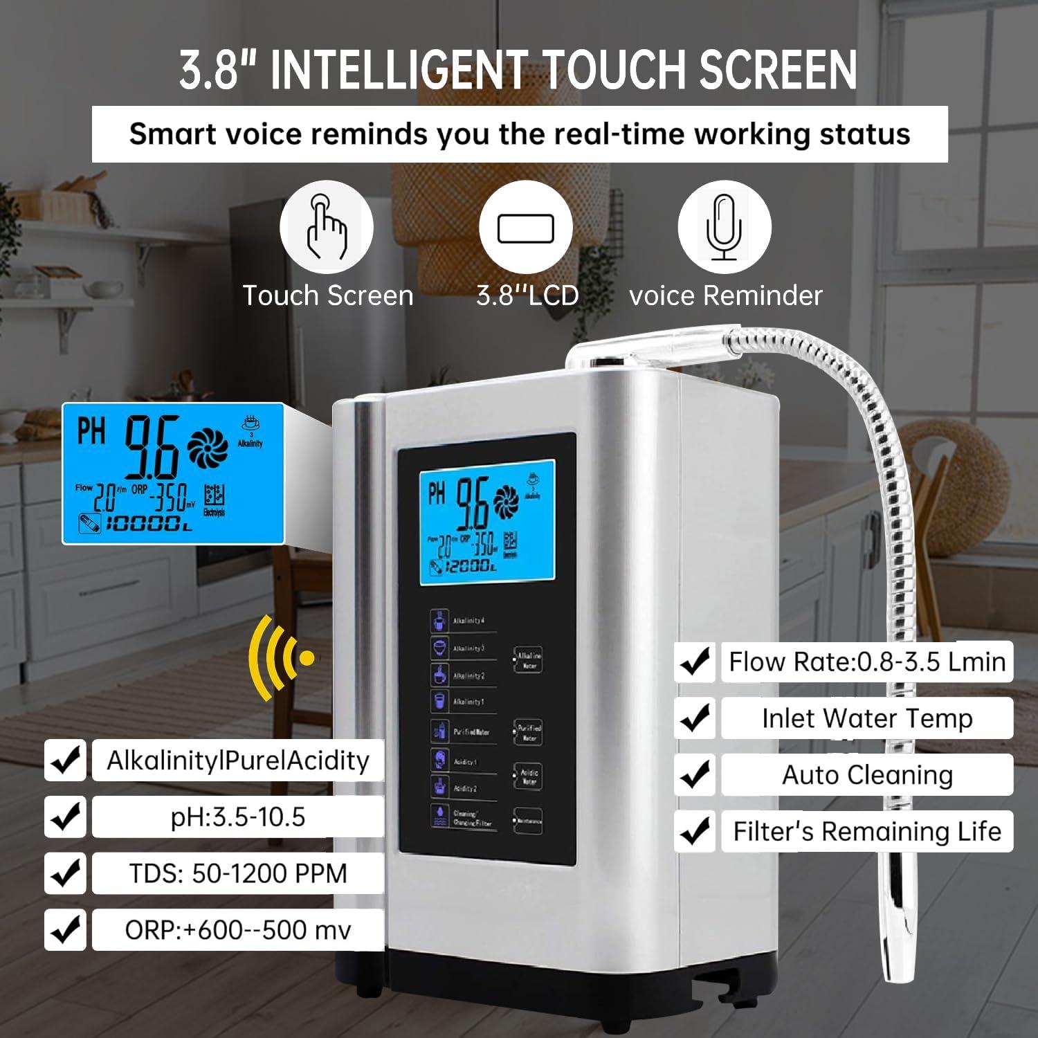 AquaGreen Alkaline Water Ionizer Machine AG7.0, Home Filtration System Produces pH 4-10.5 Water, 7 Water Settings, Up to -570mV ORP, 8000L Per Filter, Silver