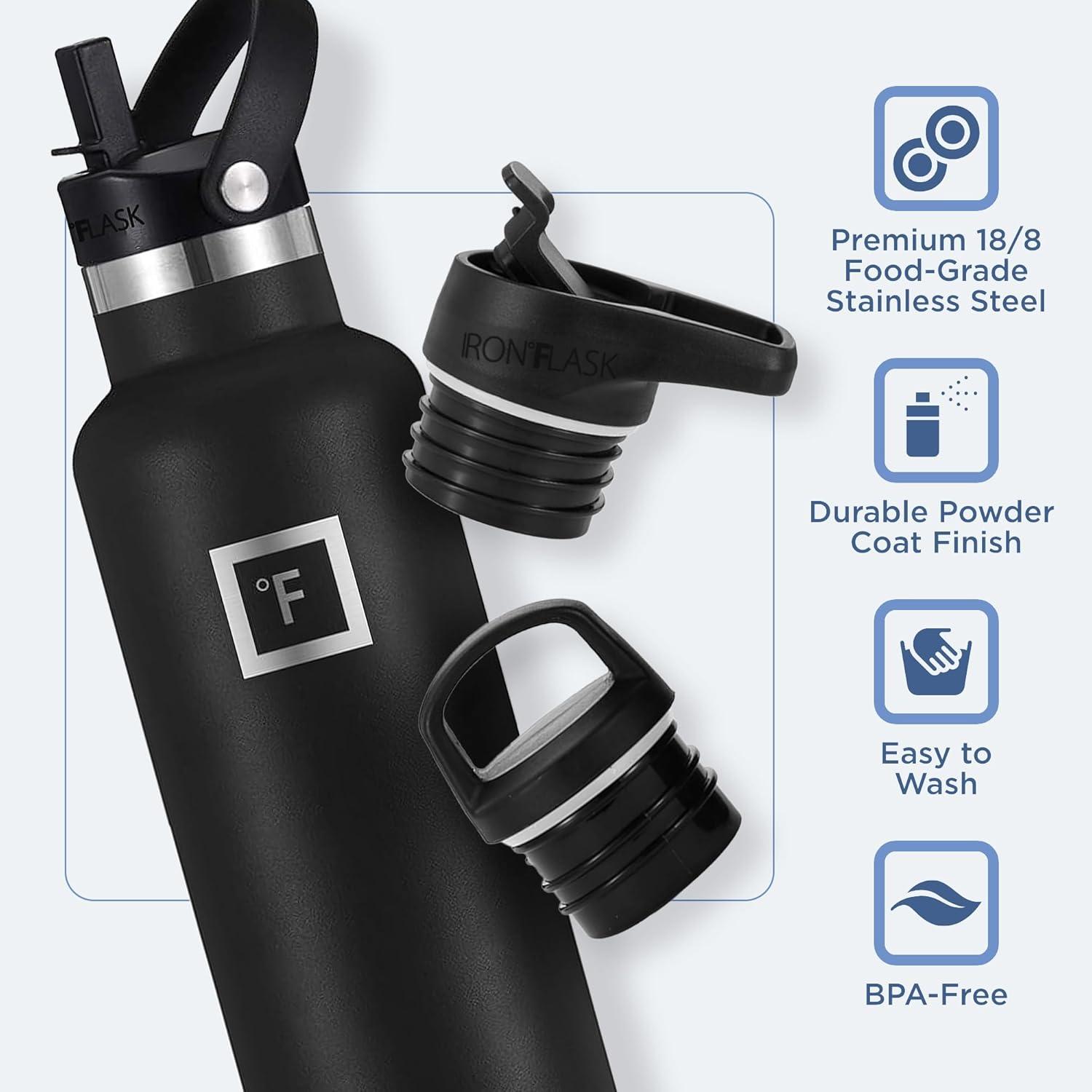 IRON °FLASK Camping & Hiking Hydration Canteens - 3 Lids (Narrow Straw Lid) Leak Proof Vacuum Insulated Stainless Steel - Hot & Cold Double Walled Sports Water Bottle - Winter White, 24 Oz