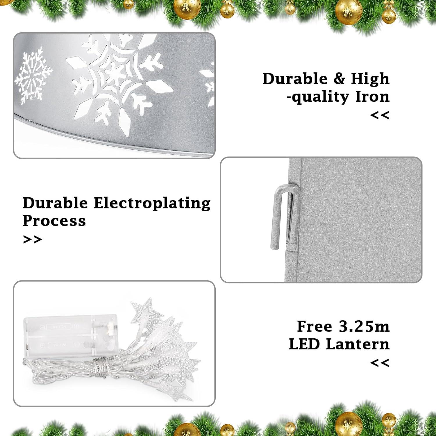 Metal Christmas Tree Collar, 3D Hollow Snowflake Pattern Christmas Tree Skirt with Star-Shaped LED String Lights, 29 Inch Diameter Decorative Xmas Tree Ring Stand Base Cover, Silver