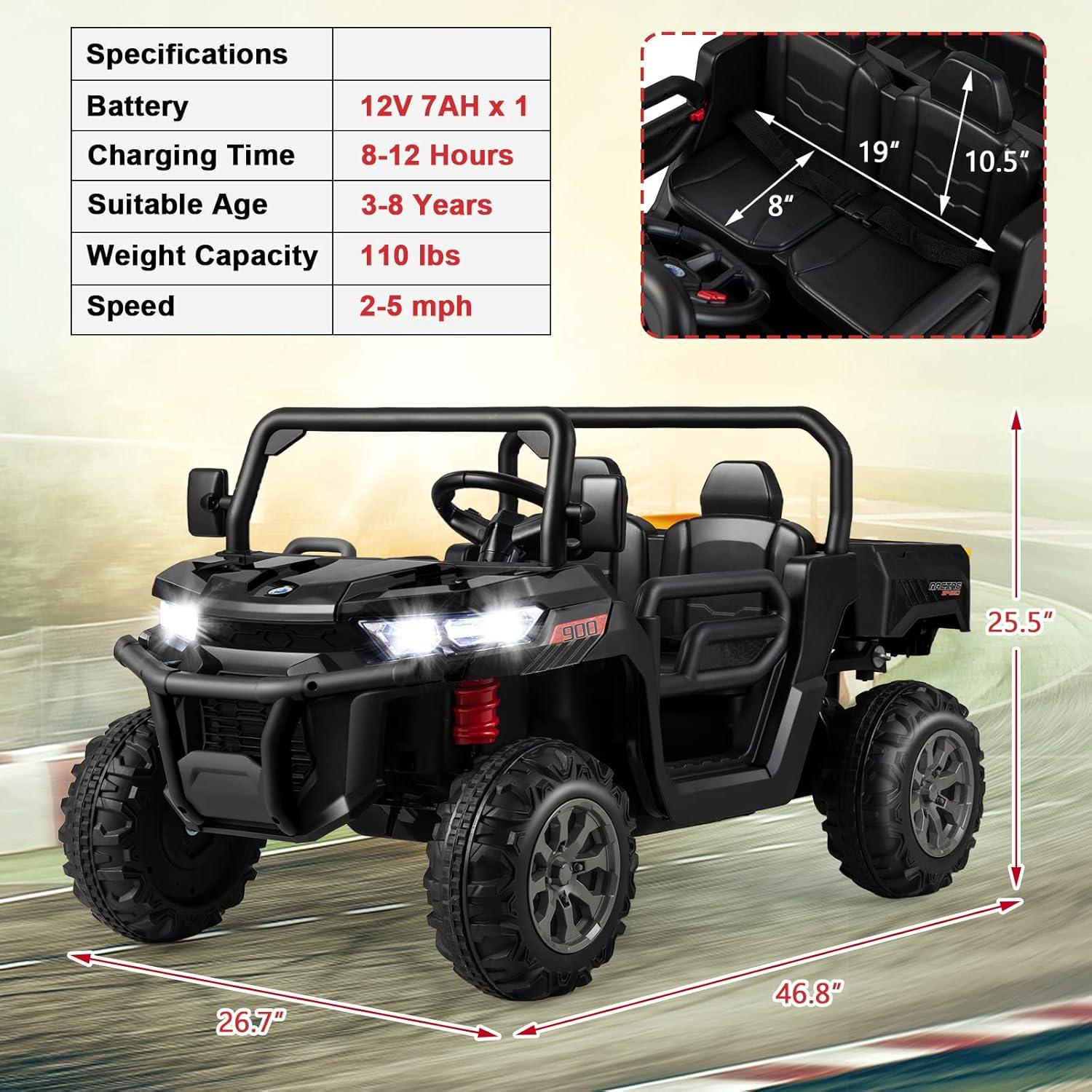 JOYRACER 24V 2 Seater Ride On Dump Truck with Remote Control , Electric UTV Car with Electric Dump Bed, 4WD Power Ride Cars W/6 Wheels Ride On Toys with Shovel Music Player