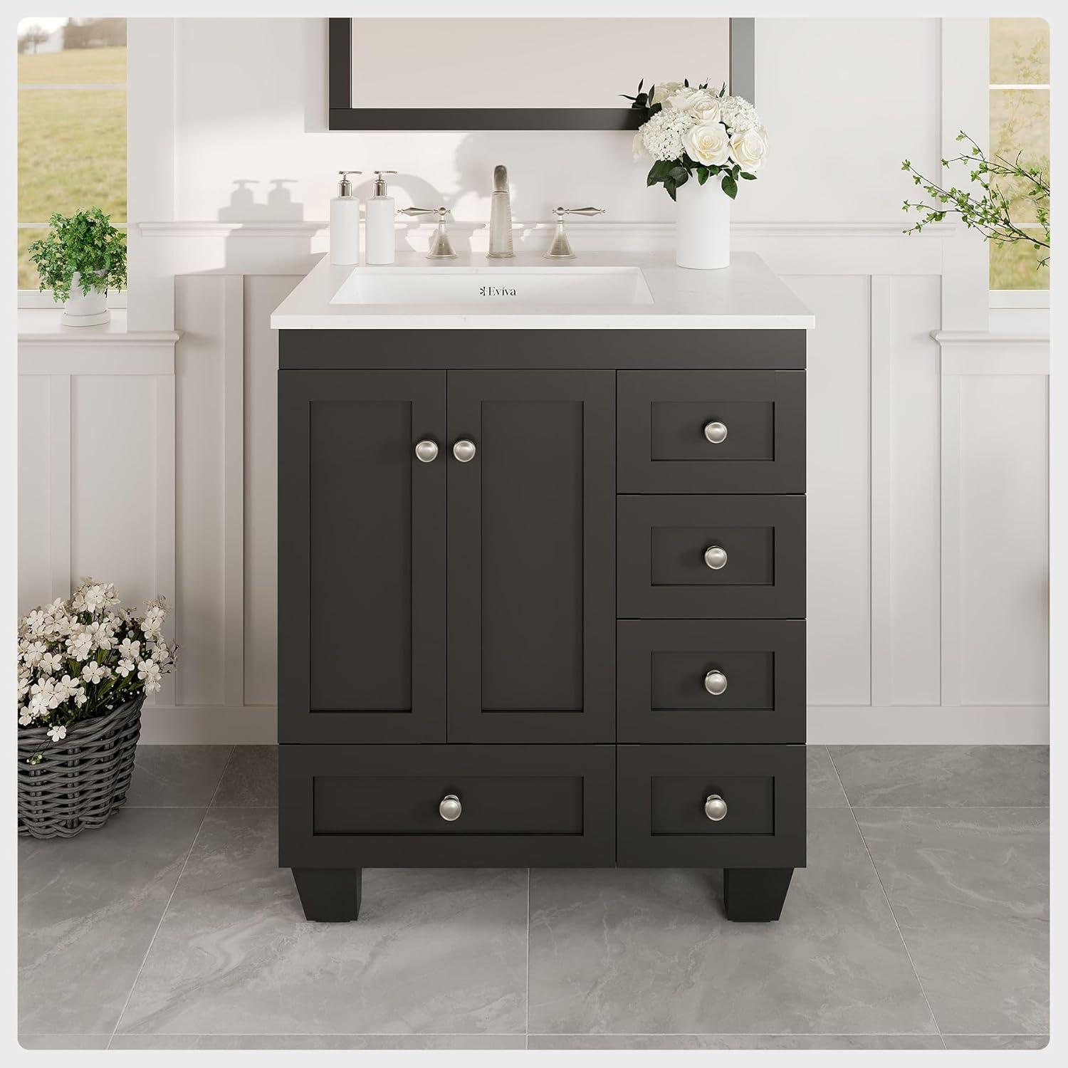 Eviva Acclaim C. 28" Transitional Espresso Bathroom Vanity with White Carrara Quartz Countertop
