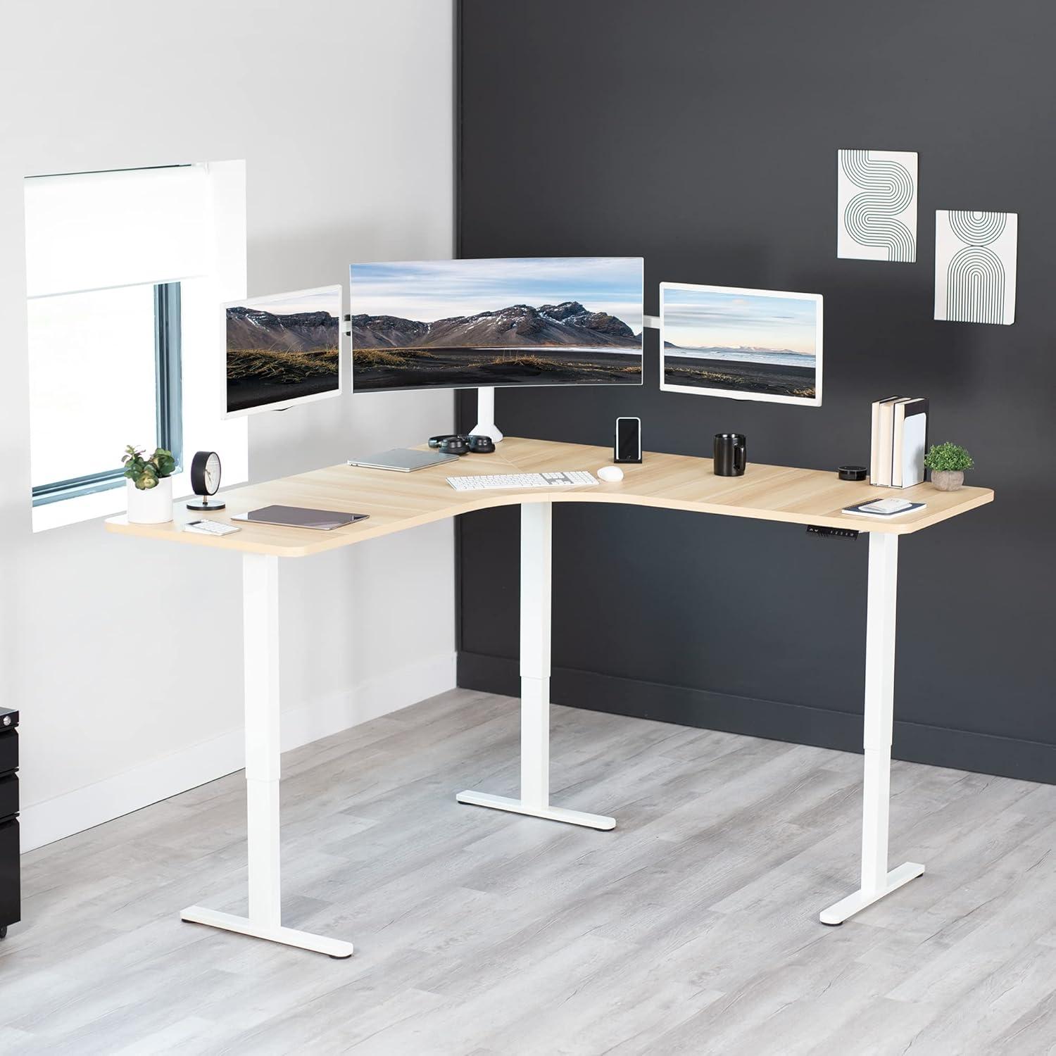 VIVO Light Wood / White Electric 71" x 71" Curved Corner Stand Up Desk