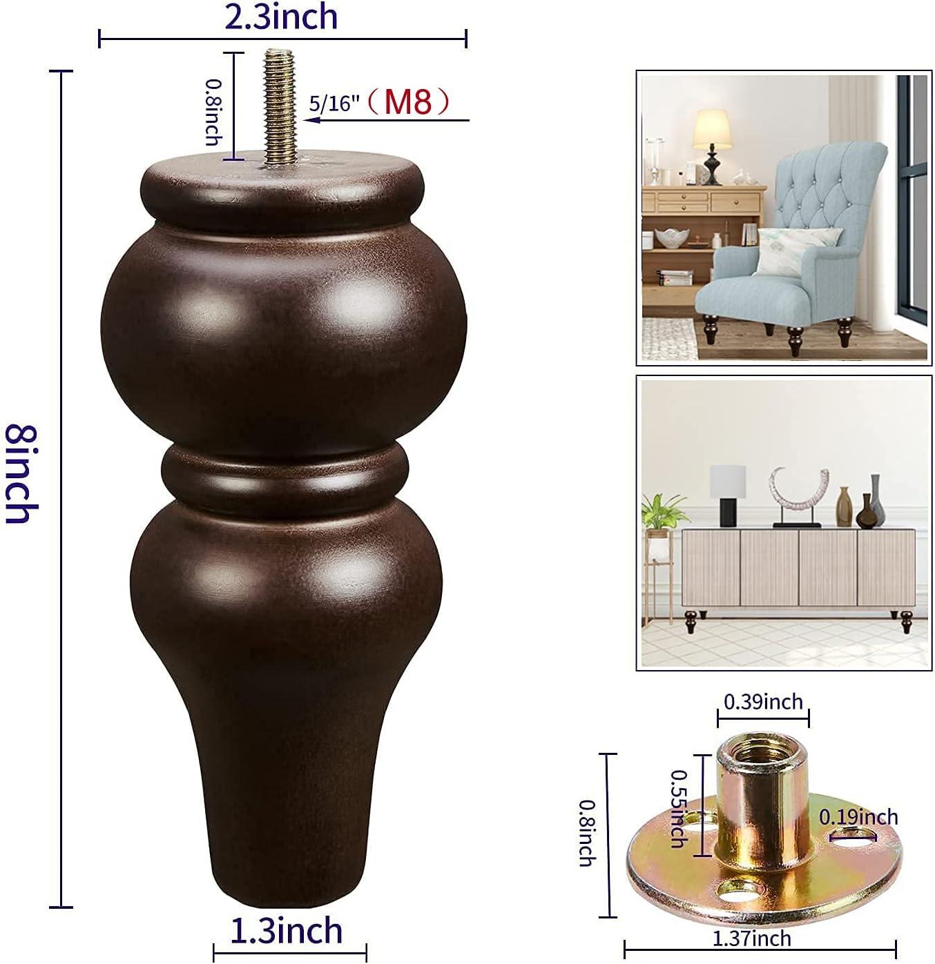 Wood Furniture Legs 8 inch Sofa Legs Pack of 4,Round Couch Legs Espresso Mid Century Chair feet Replacement,Sofa Replacement Parts