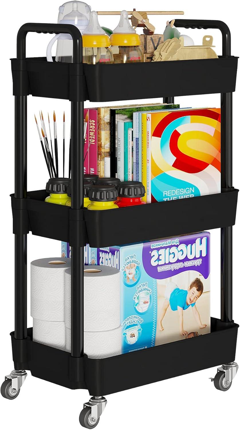 Black 3-Tier Rolling Kitchen Storage Cart with Lockable Wheels