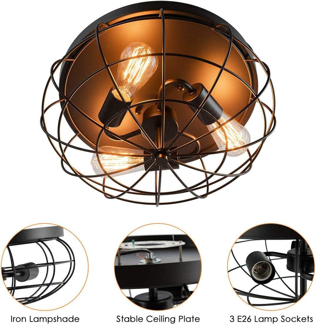 Tangkula 3-Light Industrial Style Rustic Ceiling Light Fixture with Iron Metal Cage Lampshade, Vintage Ceiling Lighting Lamp