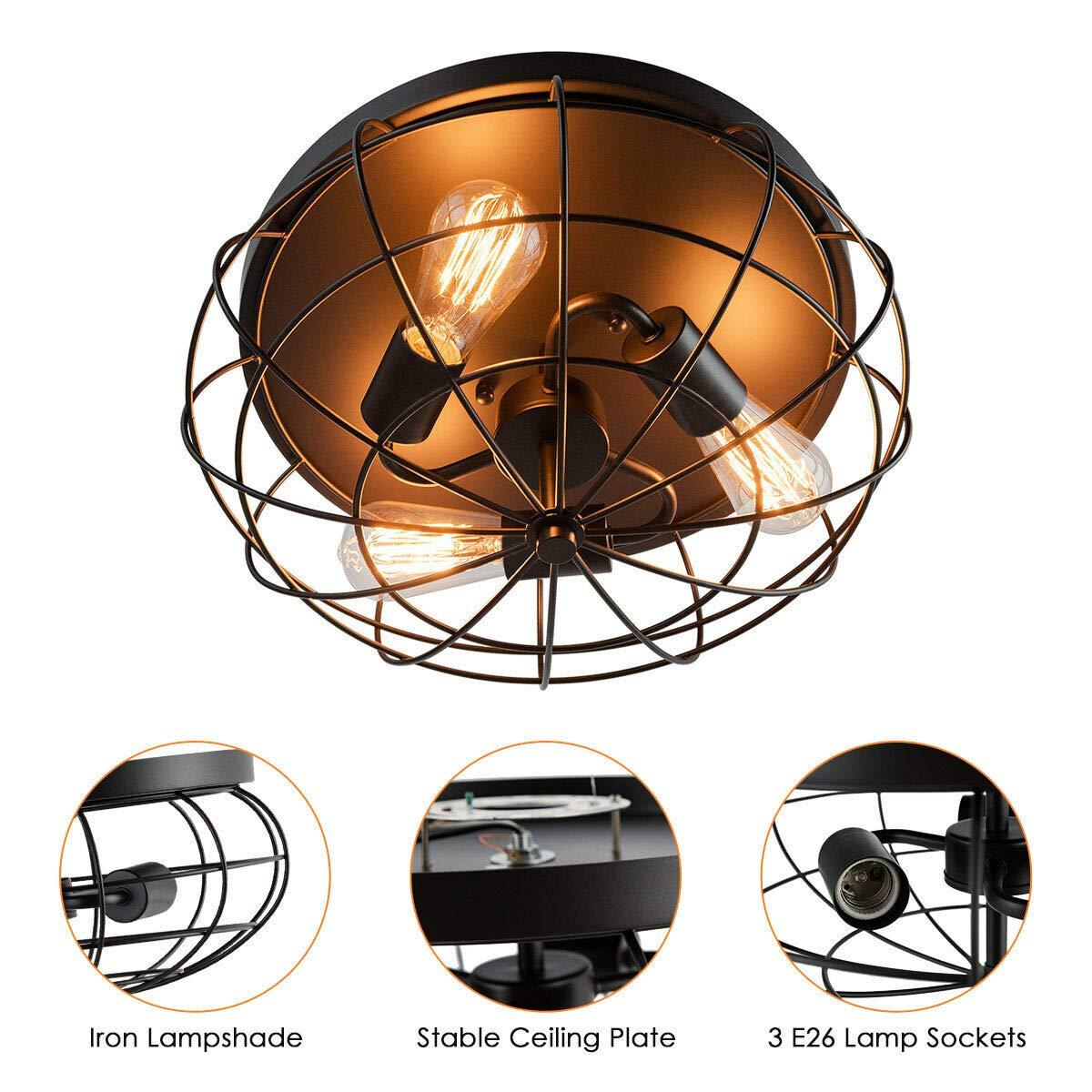 Tangkula 3-Light Industrial Style Rustic Ceiling Light Fixture with Iron Metal Cage Lampshade, Vintage Ceiling Lighting Lamp