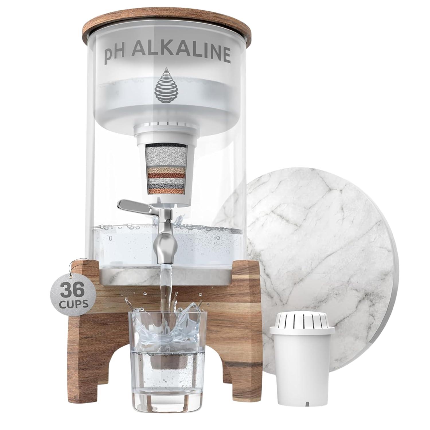 Invigorated Water pH Recharge Alkaline Water Filter Dispenser – BPA-Free Glass Countertop Water Filter Pitcher Purifier for Home & Office, 36-Cup Capacity, 360L Long Filter Life (Bamboo/Marble)