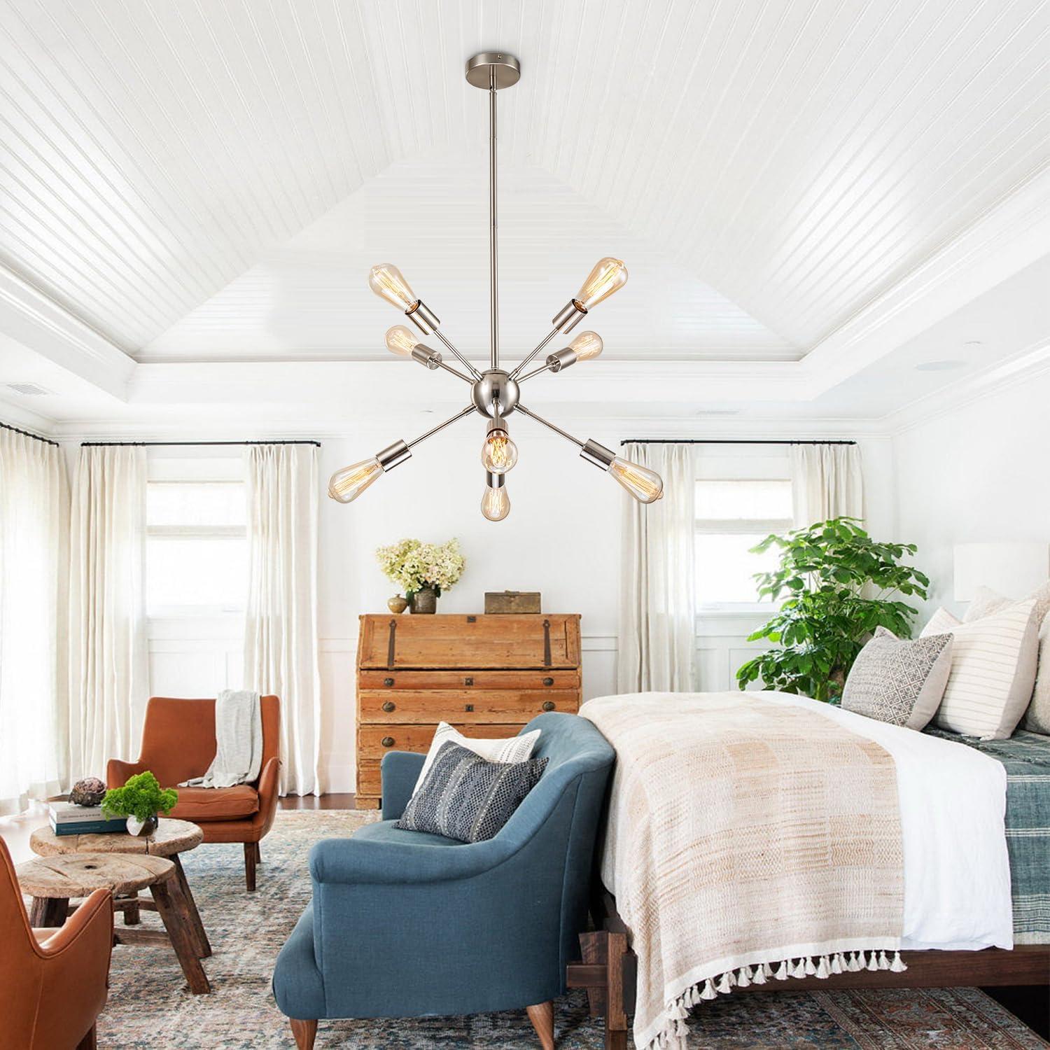 Sputnik Chandelier 8 Lights Brushed Nickel Modern Pendant Lighting Mid Century Flush Mount Ceiling Light Fixture Adjustable Height for Kitchen Dining Room Living Room Bedroom Foyer