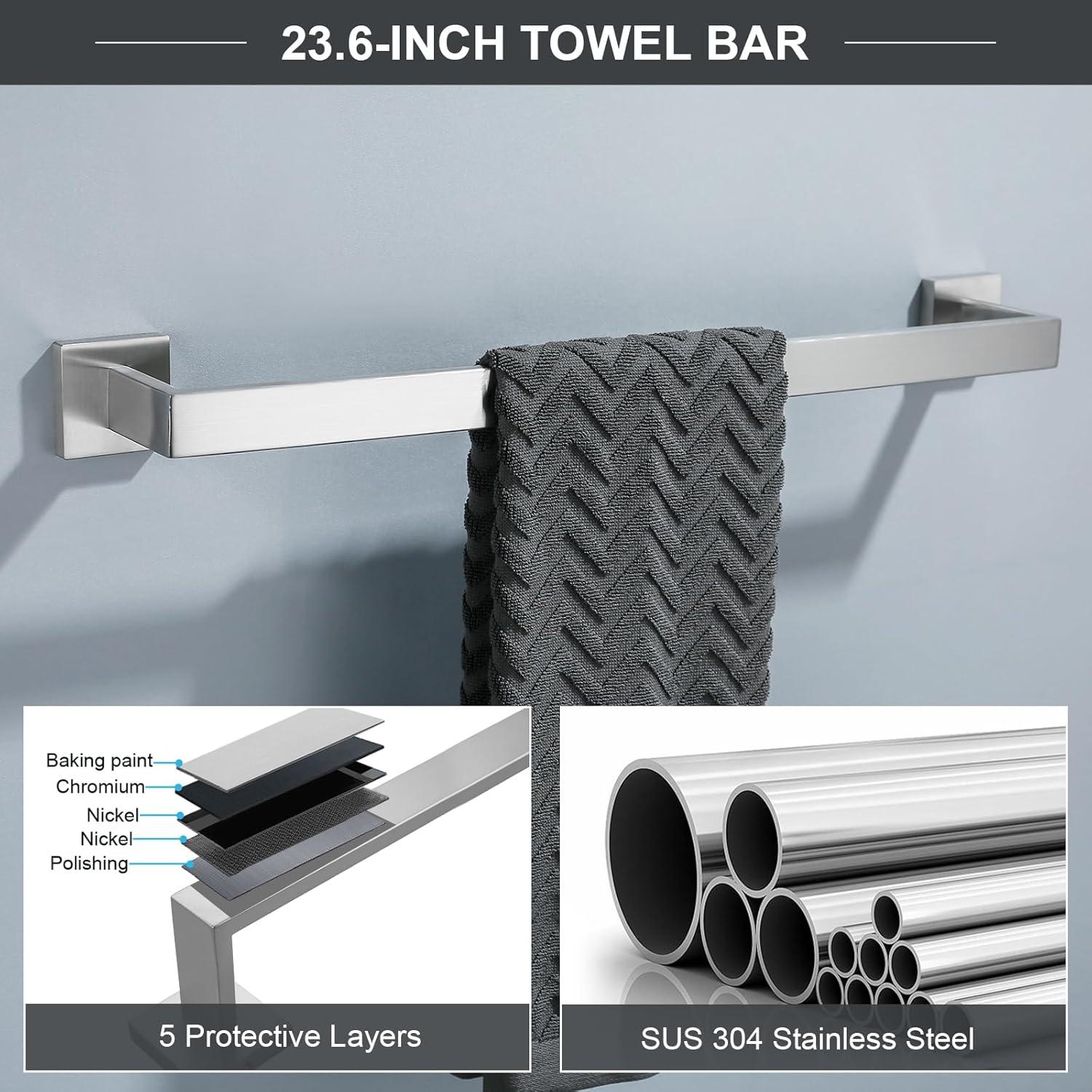 Brushed Nickel Towel Bar Rack Sets, 23.6 inch Bathroom Hardware Set 5-Piece Towel Bar Wall Mount Modern Bathroom Accessories Include Towel Rack,Toilet Paper Holder,2*Robe Hook