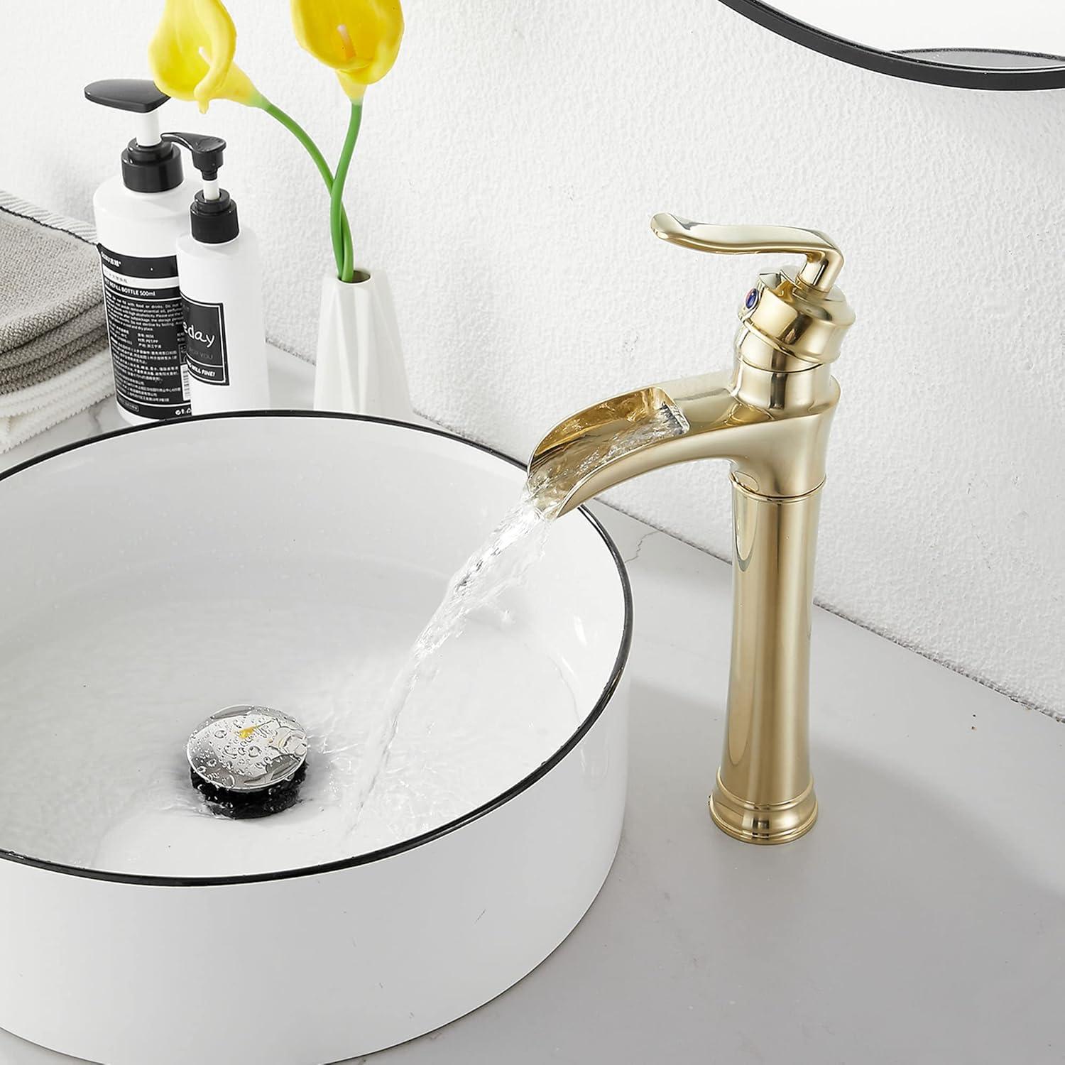 GGStudy Waterfall Single-Handle One Hole Bathroom Vessel Sink Faucet Matching Pop Up Drain Brushed Gold Farmhouse Bathroom Vanity Faucet