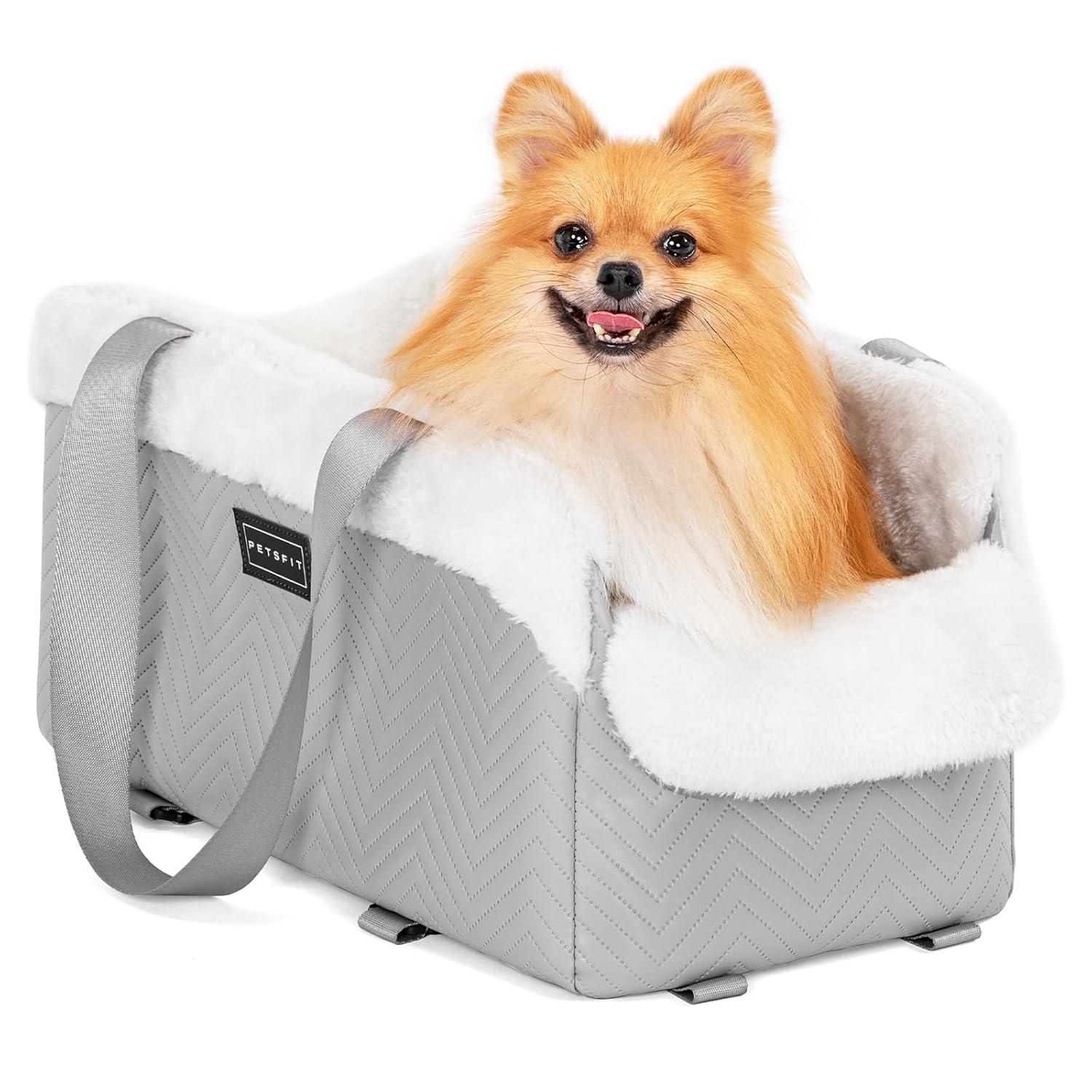 PETSFIT Small Dog Car Seat, Portable Dog Seat for Car with Safe Protective Hooks, Luxury Dog Console Car Seat,Up to 12 lbs,Grey