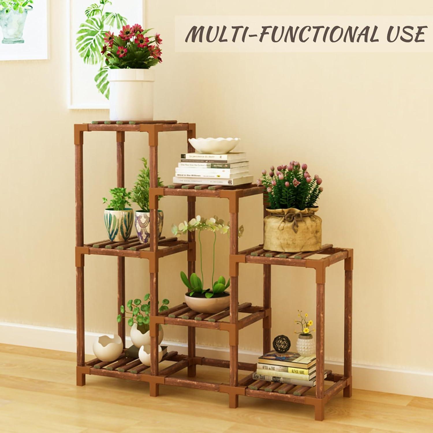 3-Tier Dark Brown Wood Plant Stand with Detachable Shelves