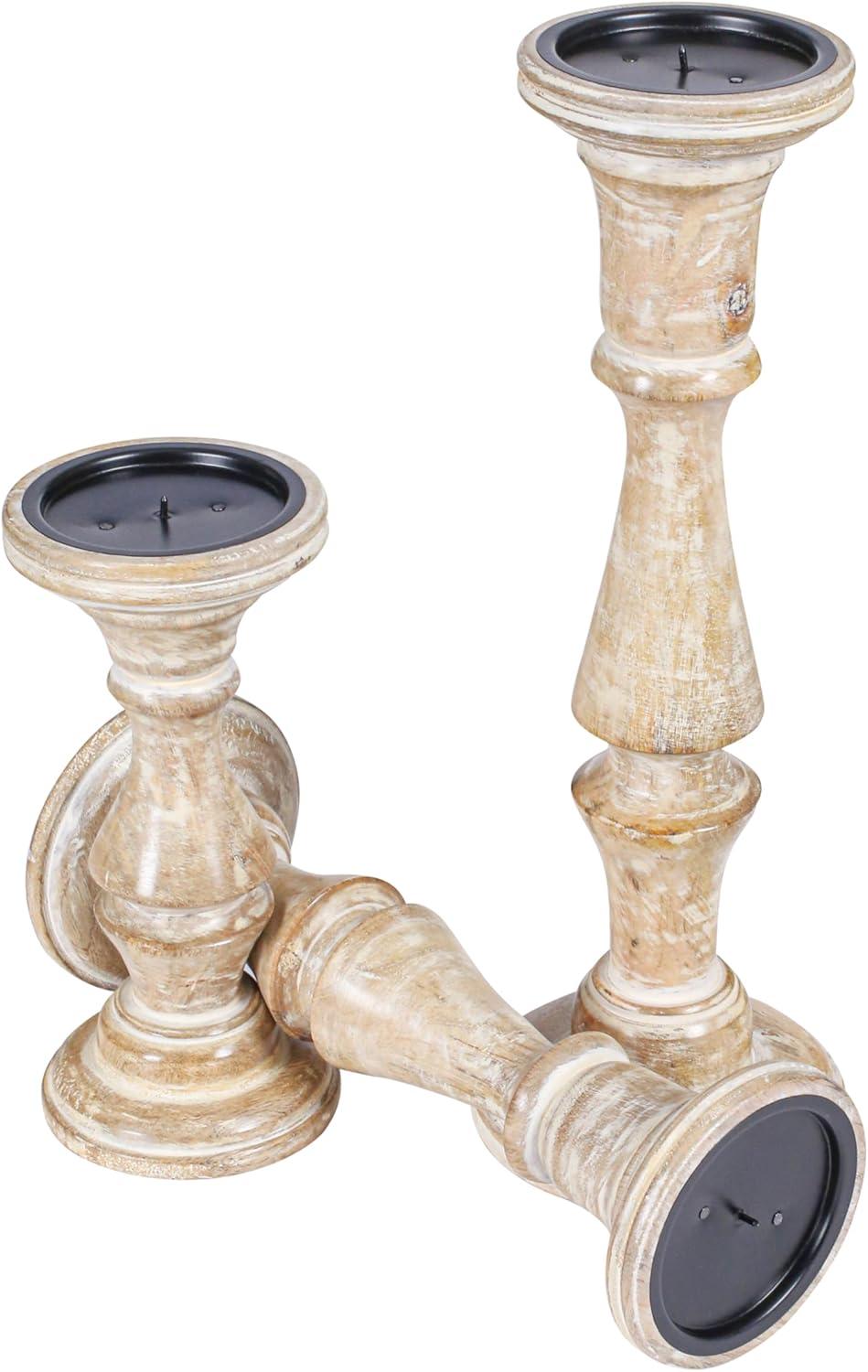 DecMode Traditional and Timeless Mango Wood Pillar Candle Holder Set of 3, 6", 8", 10"H, Cream Finish