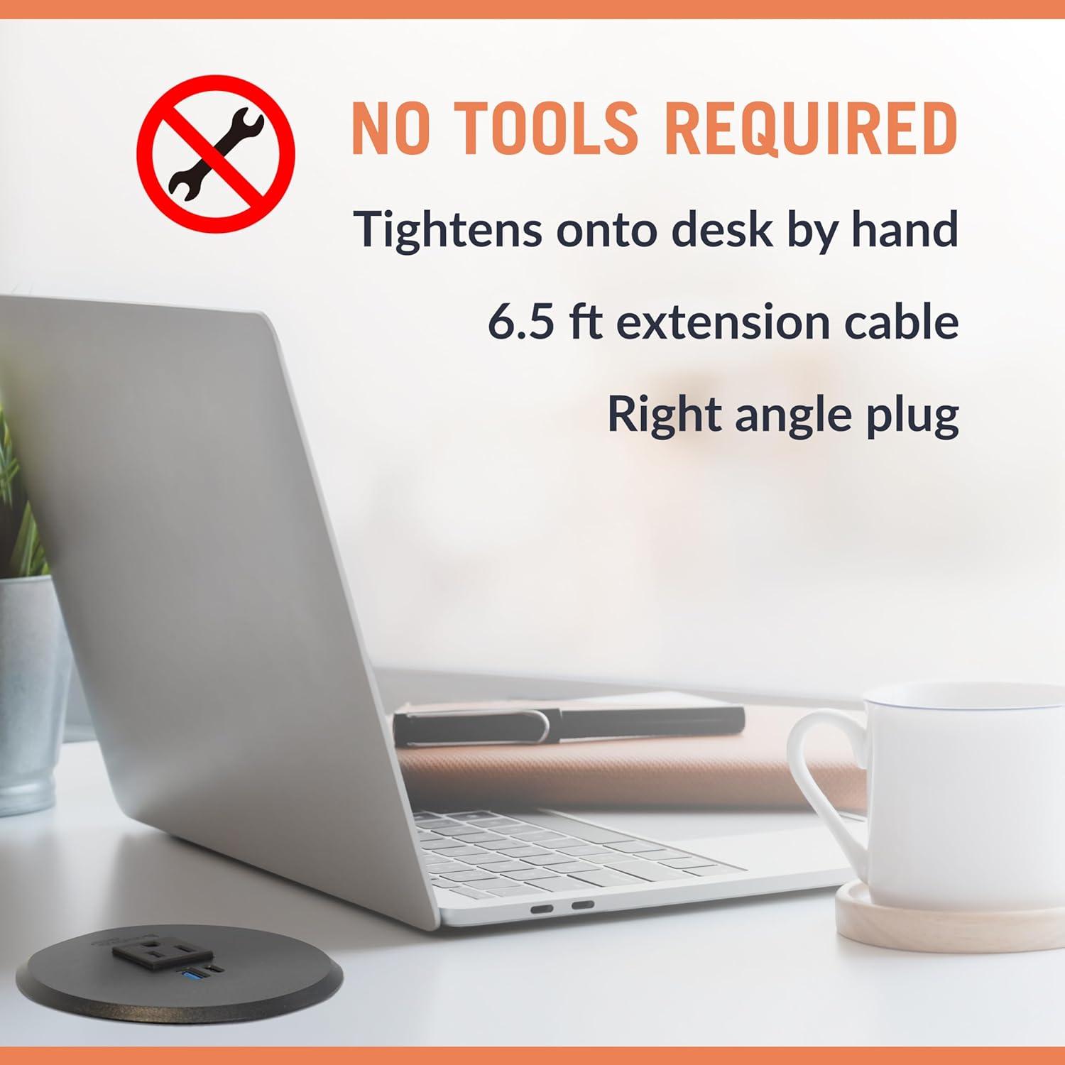 2-4 in. Universal Desk Grommet with Tamper Resistant Electrical Outlet, USB Ports, and 6.5-ft. Cable
