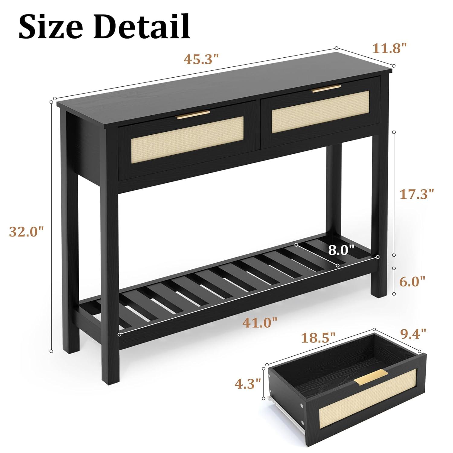 Console Tables with 2 Drawers,Rattan Entryway Table with Storage Shelf,Wood Boho Foyer Tables for Entryway,Farmhouse Console Tables for Living Room,Hallway, Sofa Table,Study Or TV Wall