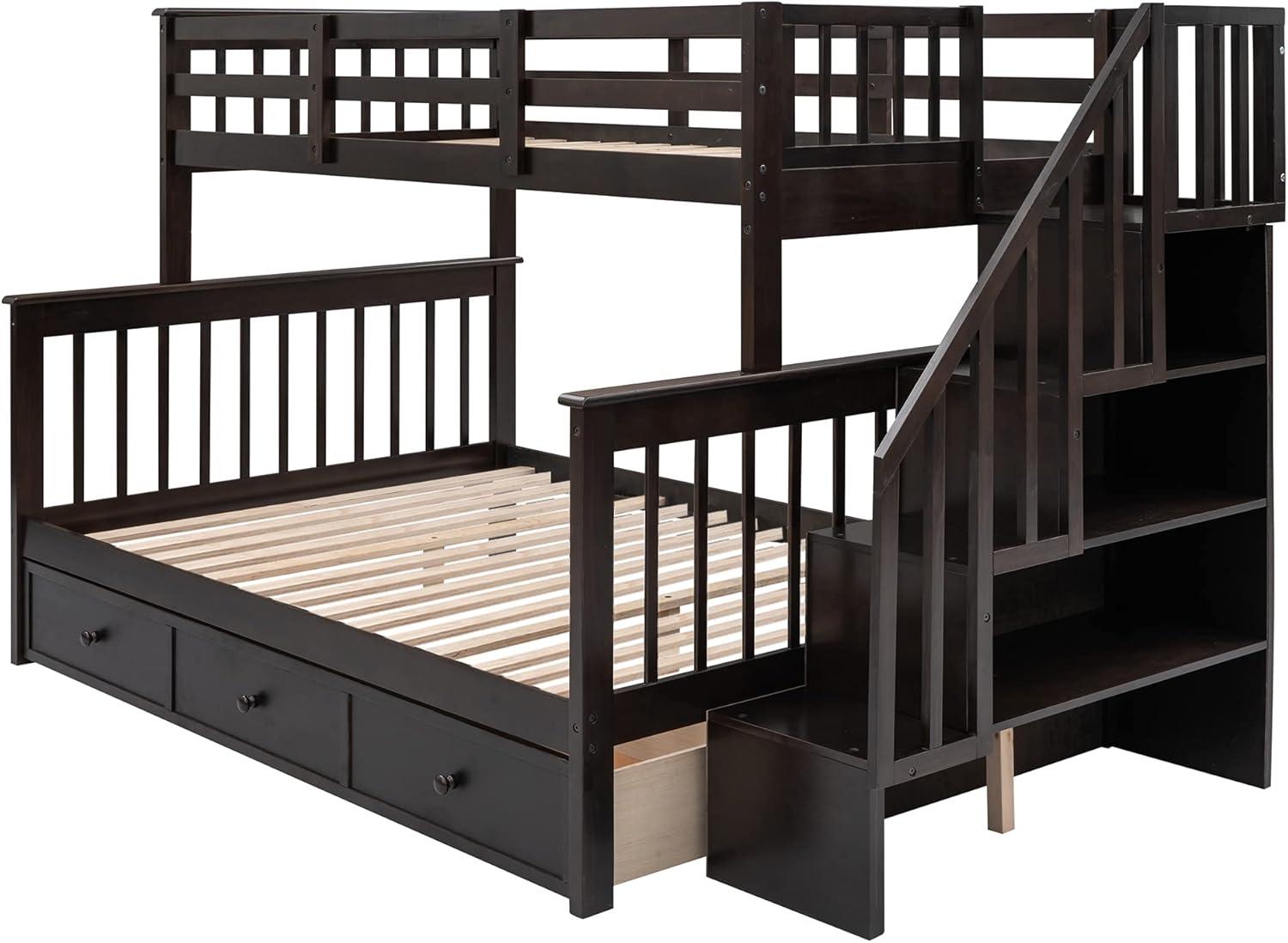 Twin Over Full Bunk Bed Frame With Storage Drawers, Shelves, Guardrails and Stairs for Kids, Teens and Adults - Espresso