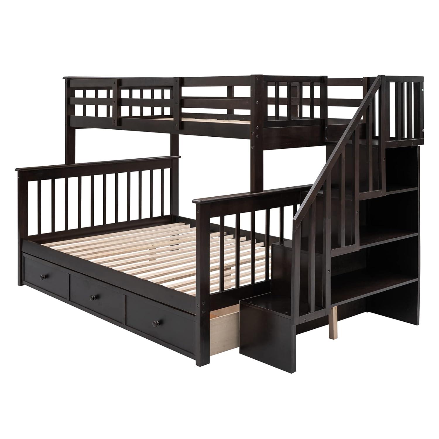 Twin Over Full Bunk Bed Frame With Storage Drawers, Shelves, Guardrails and Stairs for Kids, Teens and Adults - Espresso